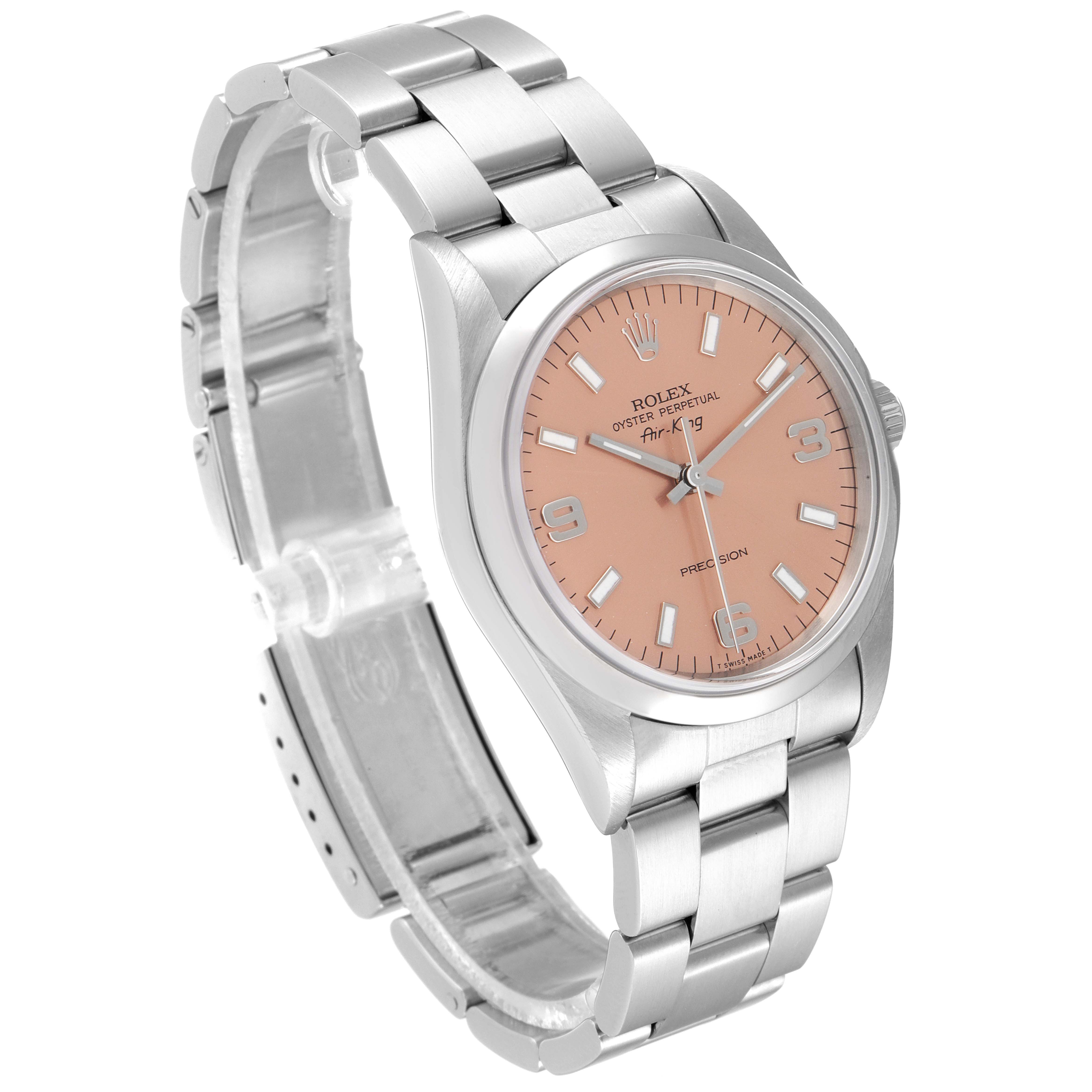 The Rolex Air-King 14000 Men's Stainless Steel Pink Dial 14000 Men's Stainless Steel Pink Dial watch is shown at an angled view, displaying its face, bracelet, and partially open clasp.