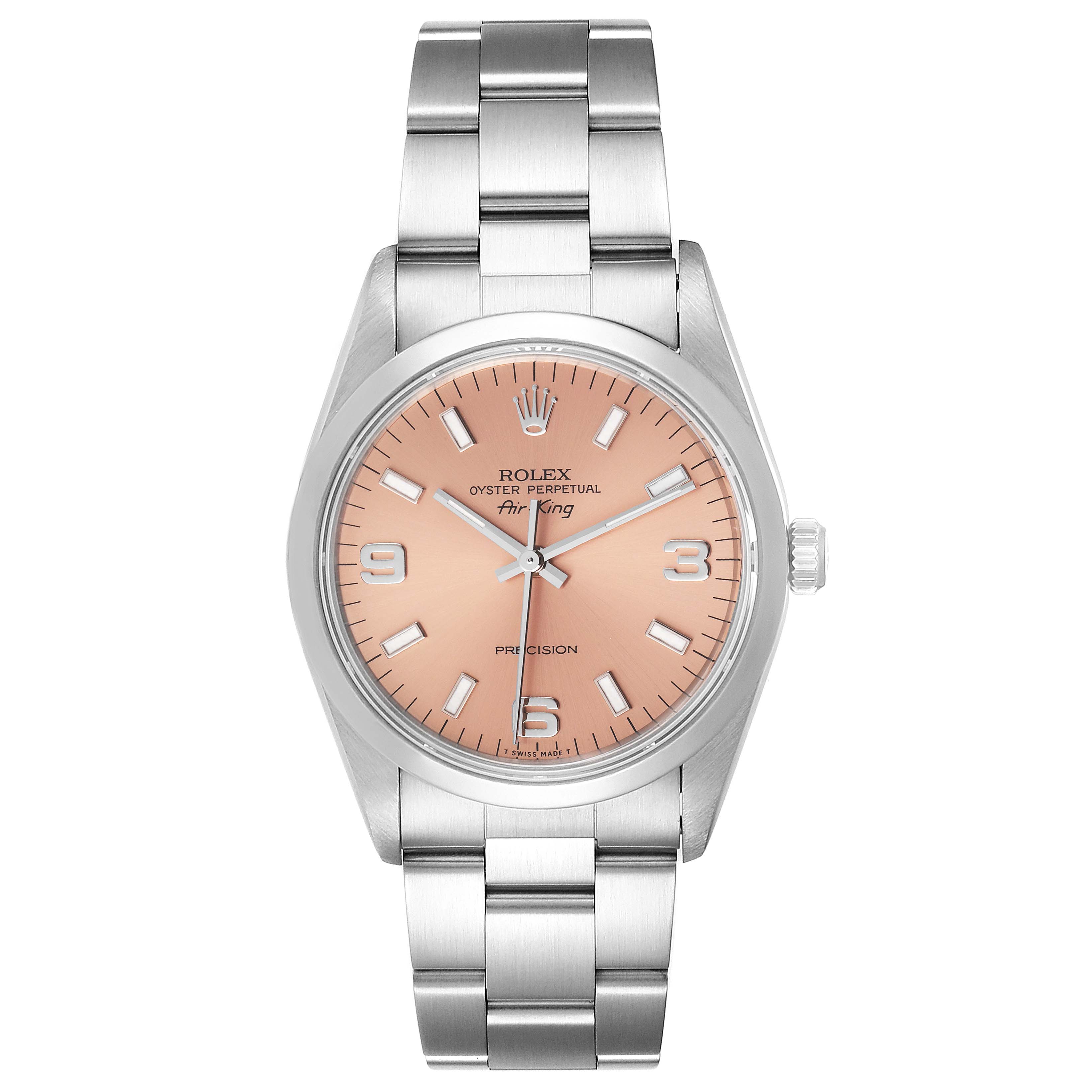 The image shows a Rolex Air-King 14000 Men's Stainless Steel Pink Dial 14000 Men's Stainless Steel Pink Dial watch from a front angle, showcasing the dial, hands, case, and bracelet.