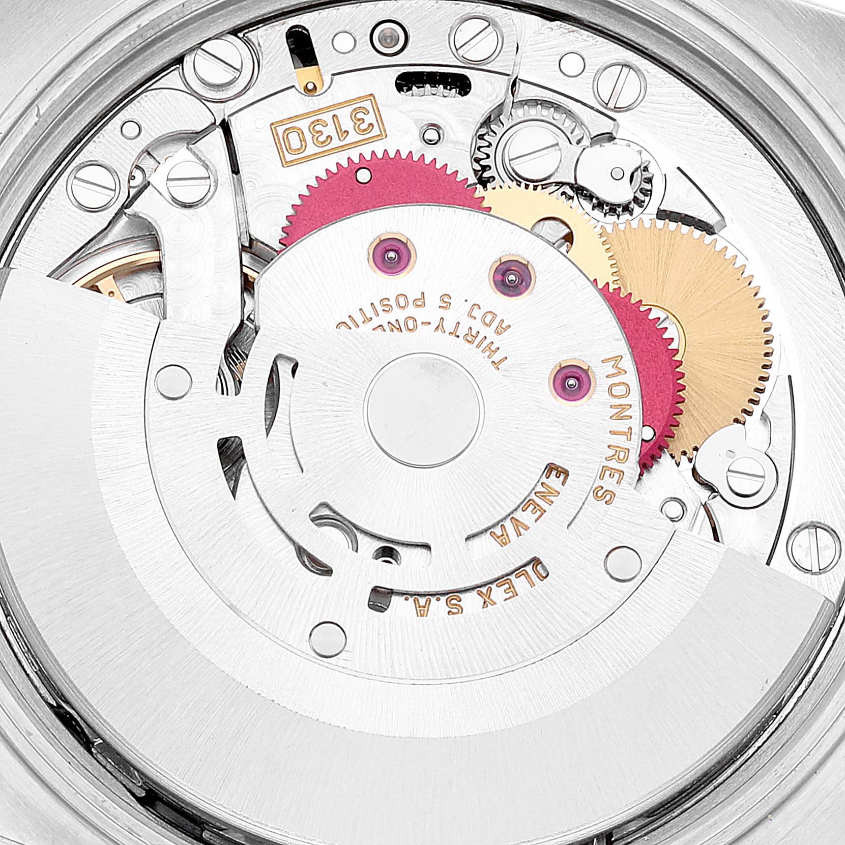 The image shows a close-up view of the internal mechanical movement of the Rolex Air-King 14010 Men's Stainless Steel Blue Dial 14010 Men's Stainless Steel Blue Dial watch, highlighting gears and components.