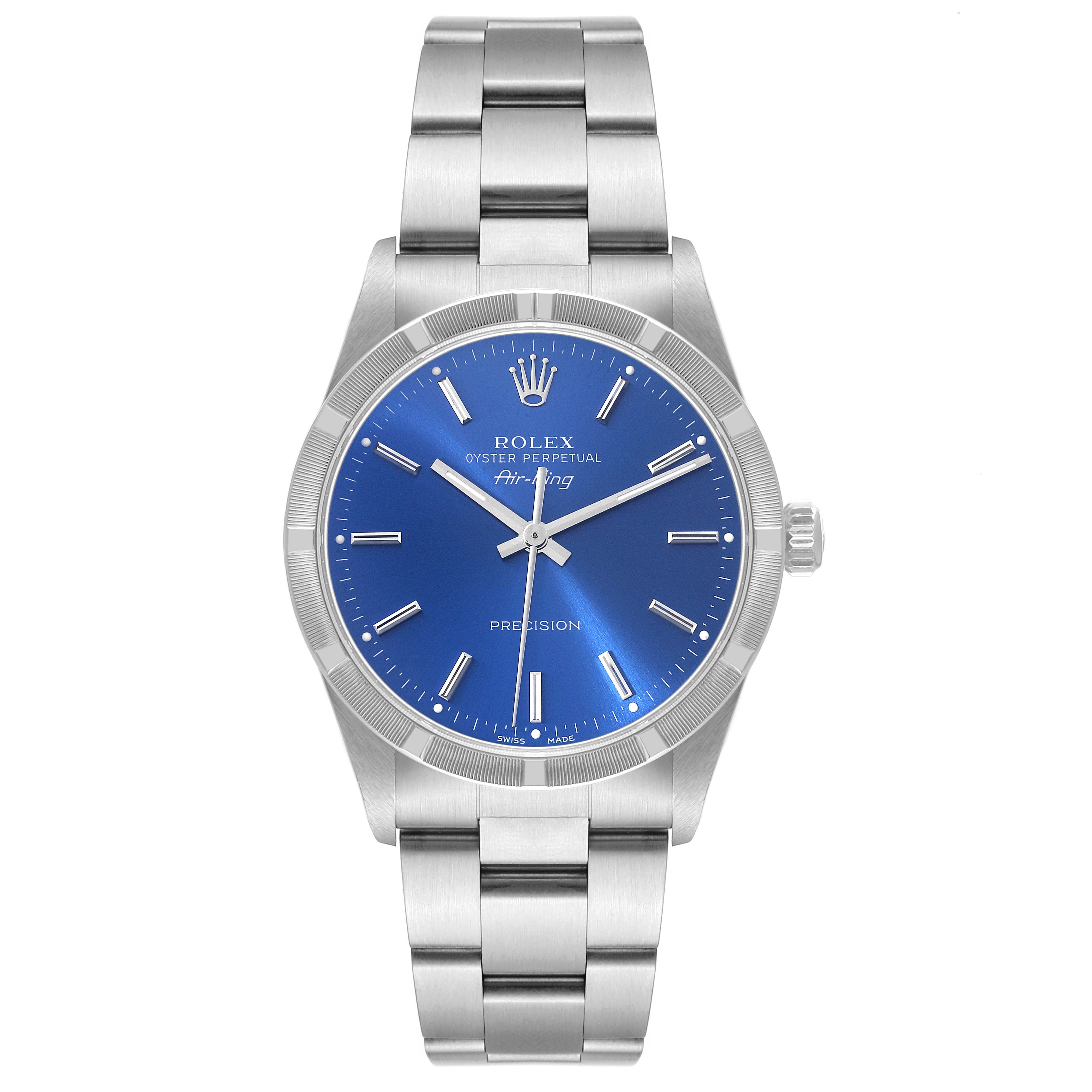 This Rolex Air-King 14010 Men's Stainless Steel Blue Dial 14010 Men's Stainless Steel Blue Dial watch is shown from a top view, featuring its blue dial, silver hands, and stainless steel bracelet.