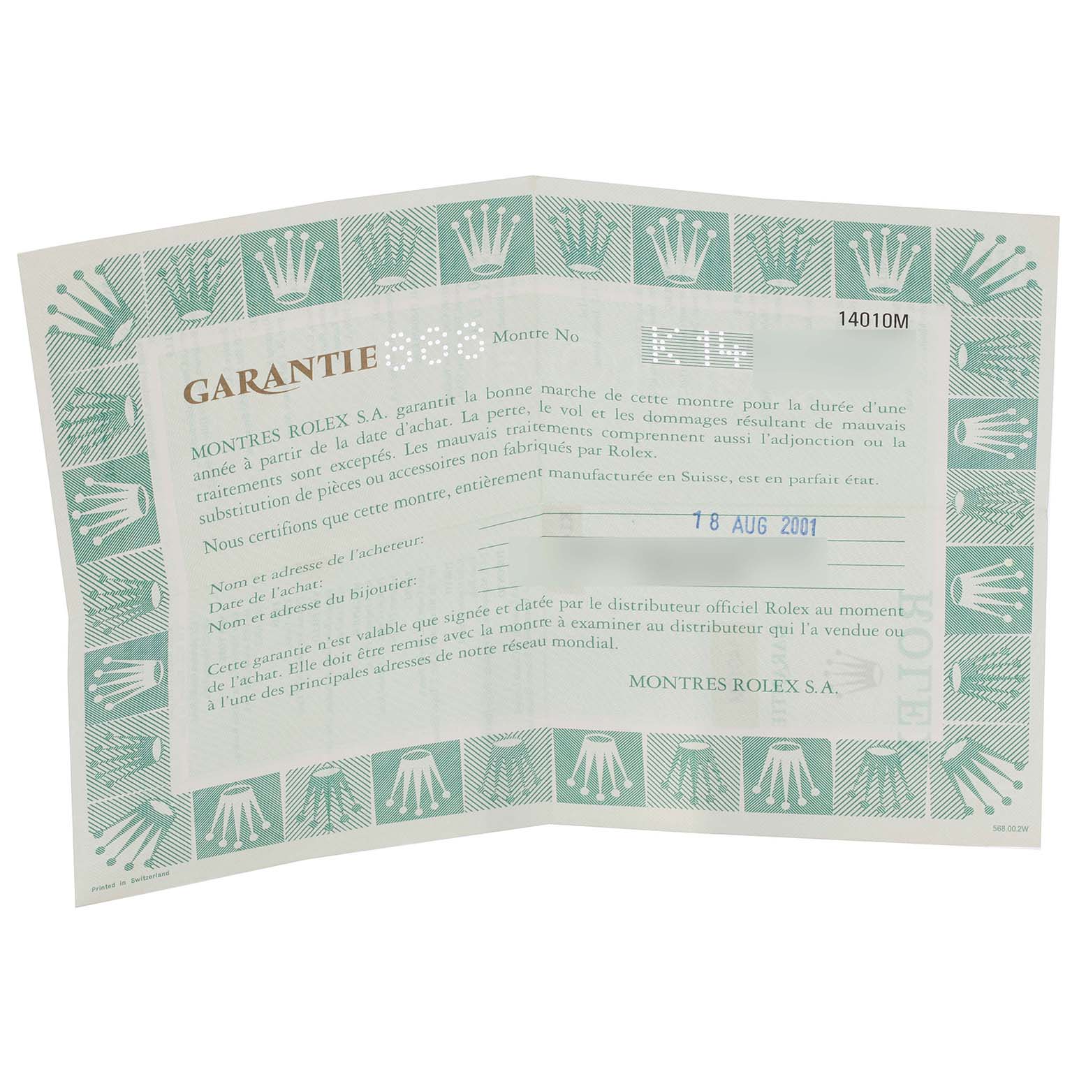 This is a warranty card for the Rolex Air-King 14010 Men's Stainless Steel Blue Dial 14010 Men's Stainless Steel Blue Dial model, showing the date and dealer information.