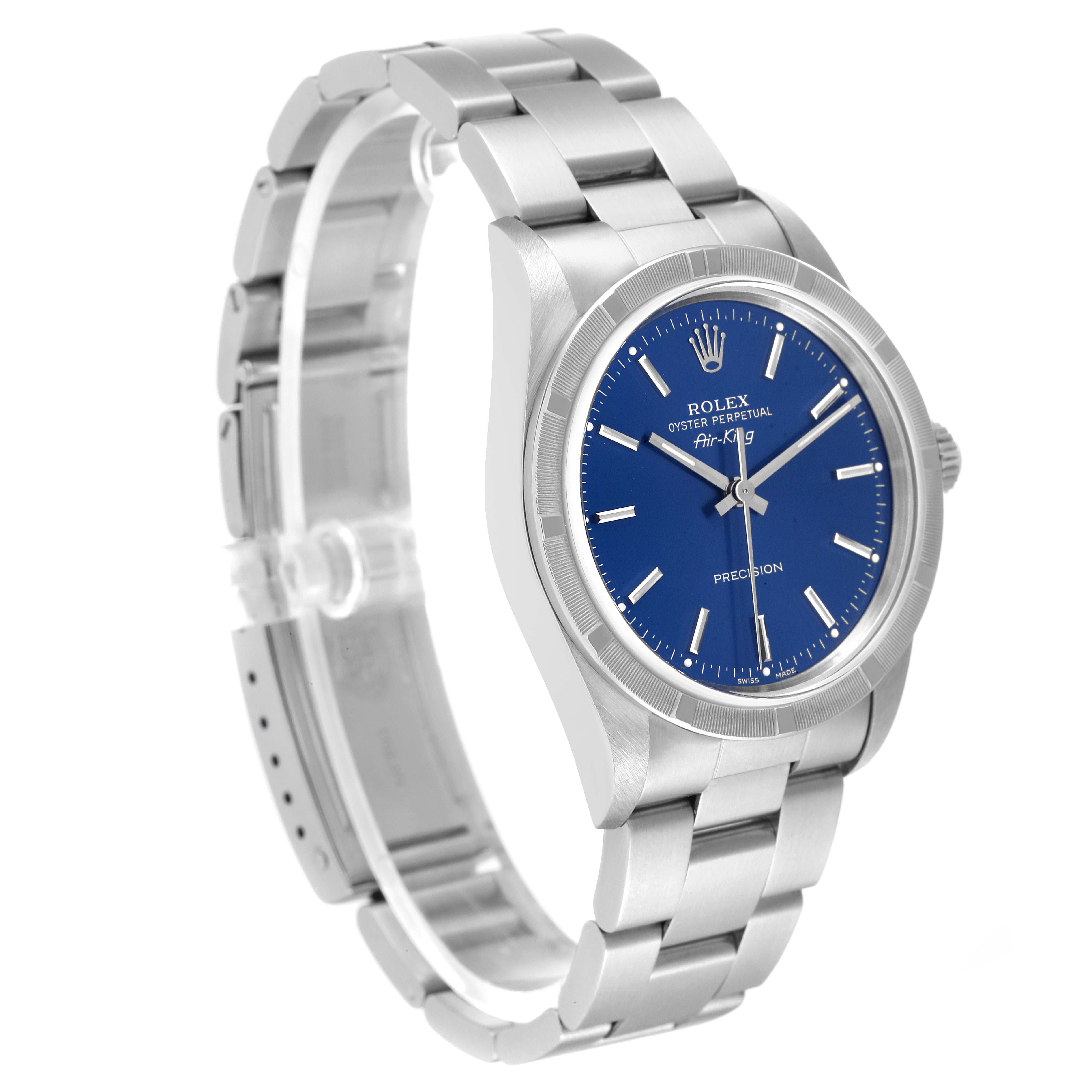 The image shows a side angle view of the Rolex Air-King 14010 Men's Stainless Steel Blue Dial 14010 Men's Stainless Steel Blue Dial watch, highlighting its blue dial, Oyster case, and bracelet.
