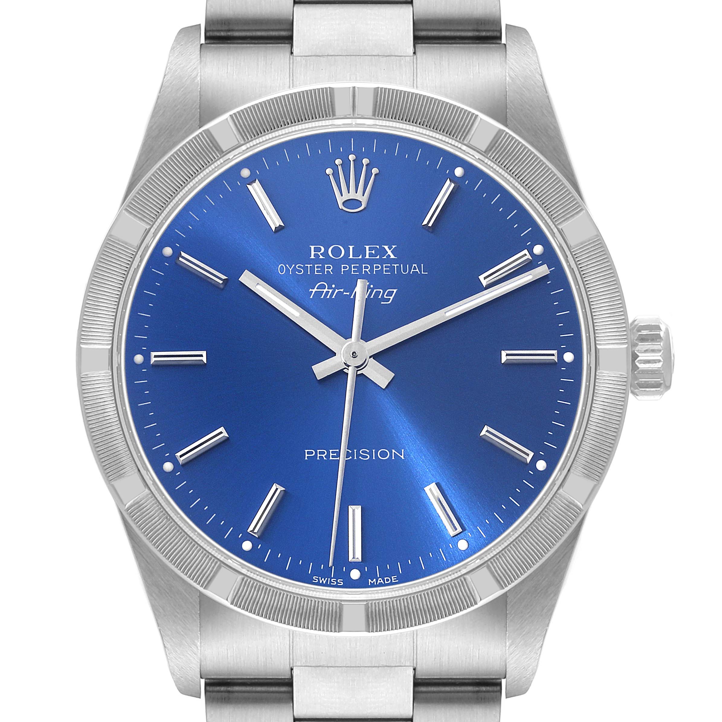 The image shows a frontal view of the Rolex Air-King 14010 Men's Stainless Steel Blue Dial 14010 Men's Stainless Steel Blue Dial watch, displaying its blue dial, silver markers, and stainless steel bracelet.