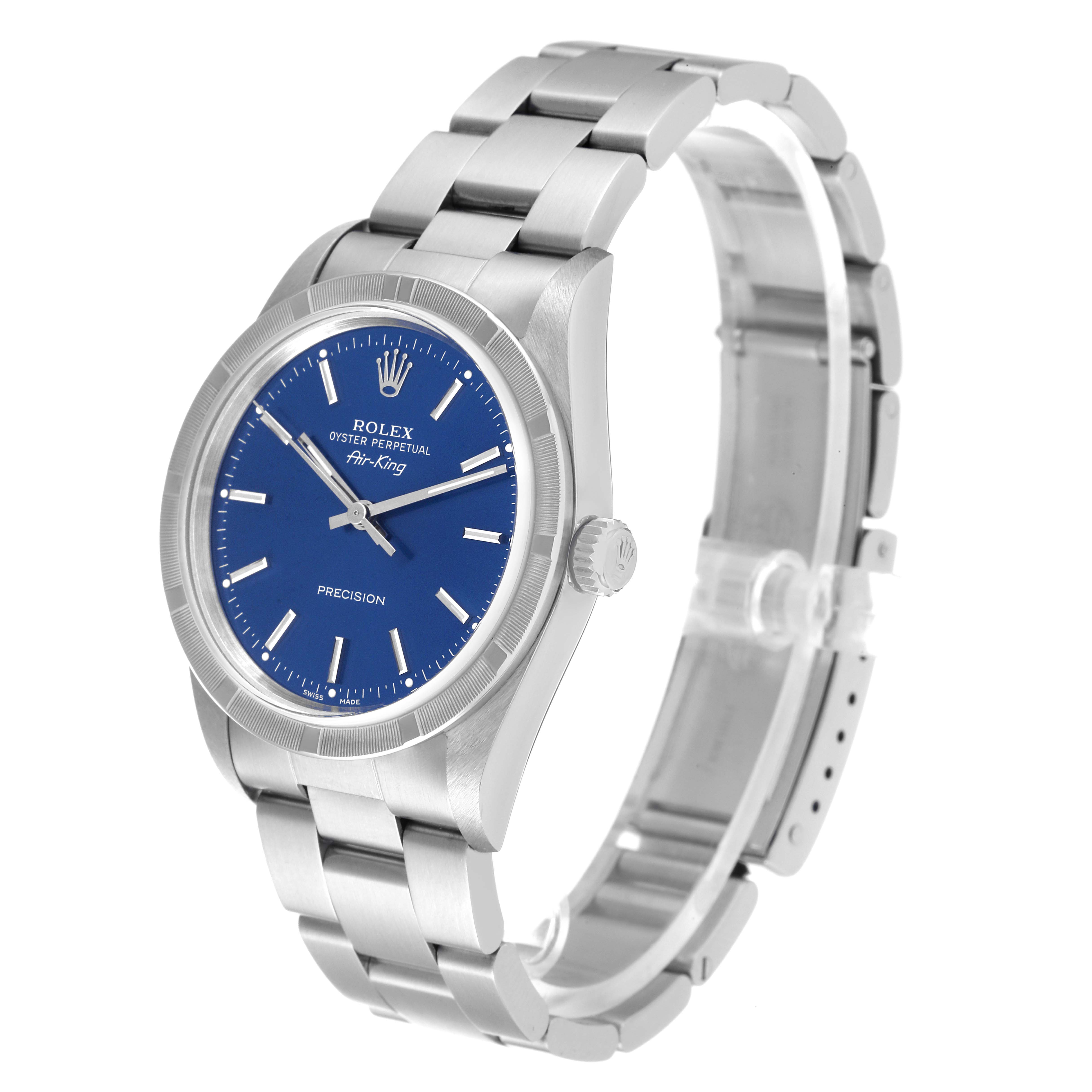 The Rolex Air-King 14010 Men's Stainless Steel Blue Dial 14010 Men's Stainless Steel Blue Dial watch is shown at a three-quarter angle, displaying the face, crown, and bracelet.