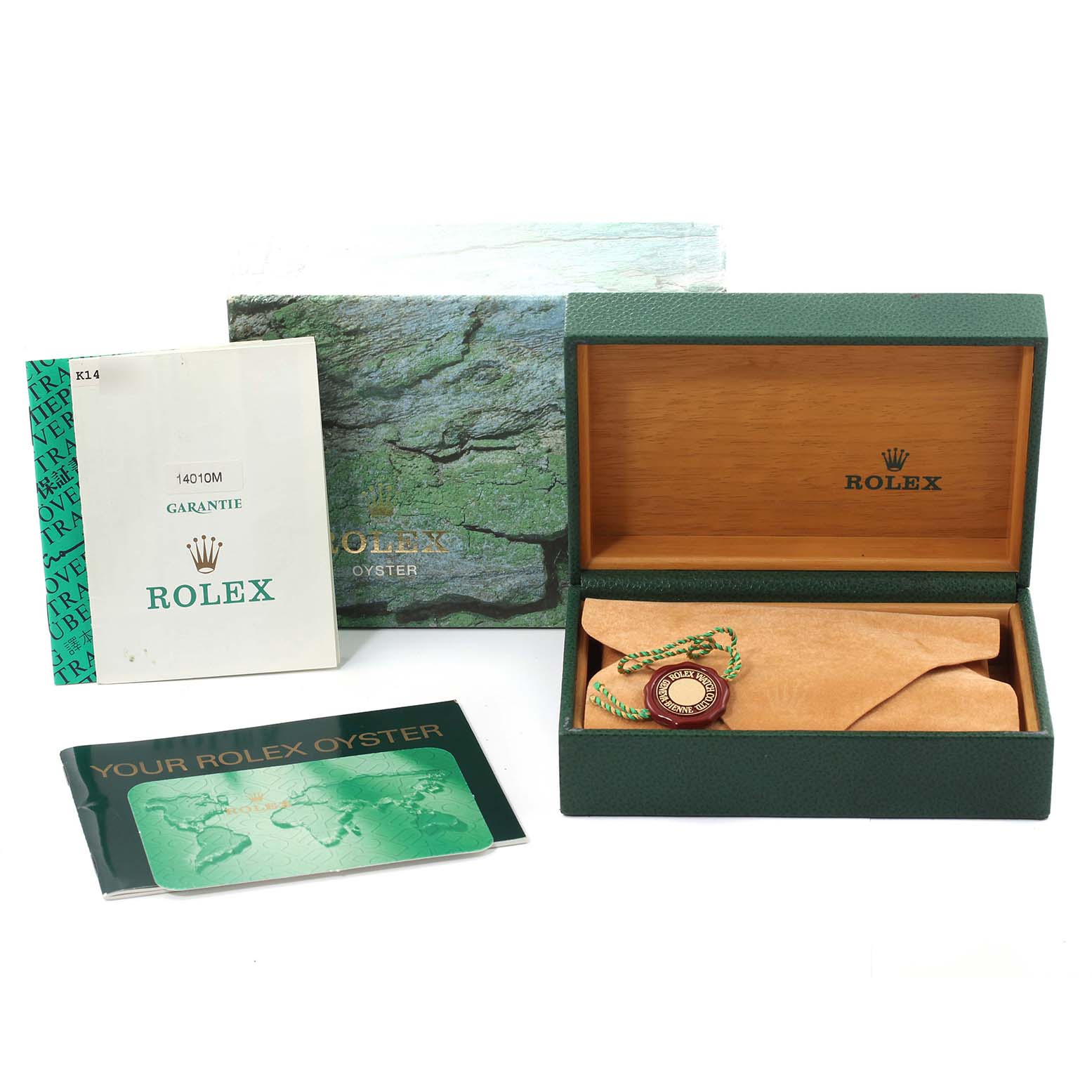 The image shows the packaging and accessories for a Rolex Air-King 14010 Men's Stainless Steel Blue Dial 14010 Men's Stainless Steel Blue Dial watch, including the watch box, manuals, and tags.