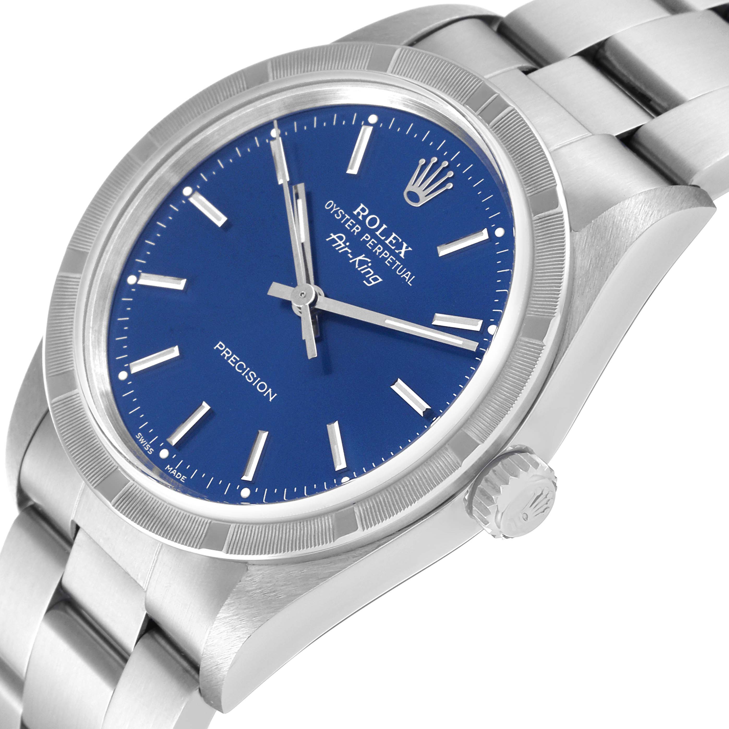 The Rolex Air-King 14010 Men's Stainless Steel Blue Dial 14010 Men's Stainless Steel Blue Dial watch is shown at an angle displaying the full dial, the crown, and part of the bracelet.