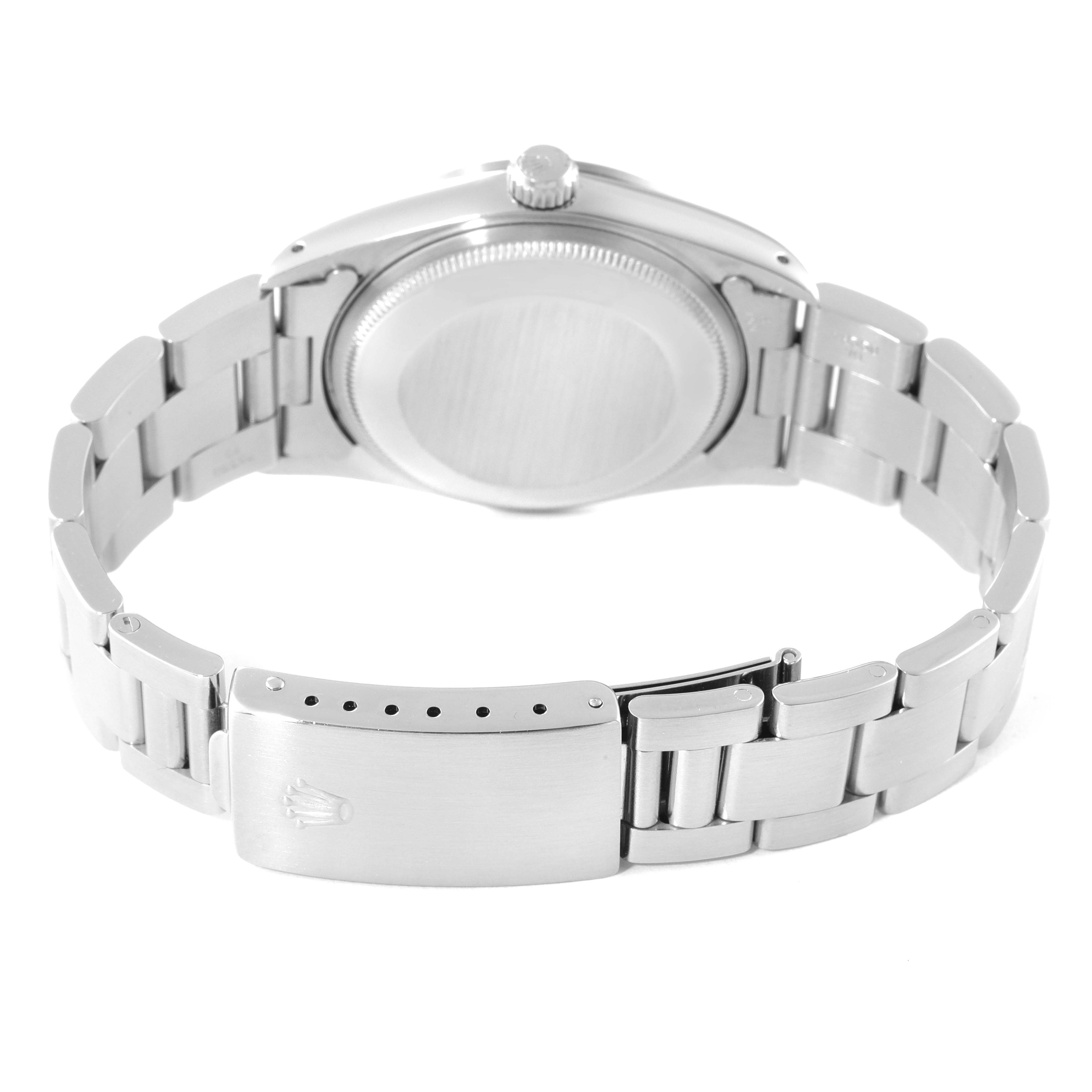 This image shows the back case and bracelet clasp of a Rolex Air-King 14000 Men's Stainless Steel Black Dial 14000 Men's Stainless Steel Black Dial watch.