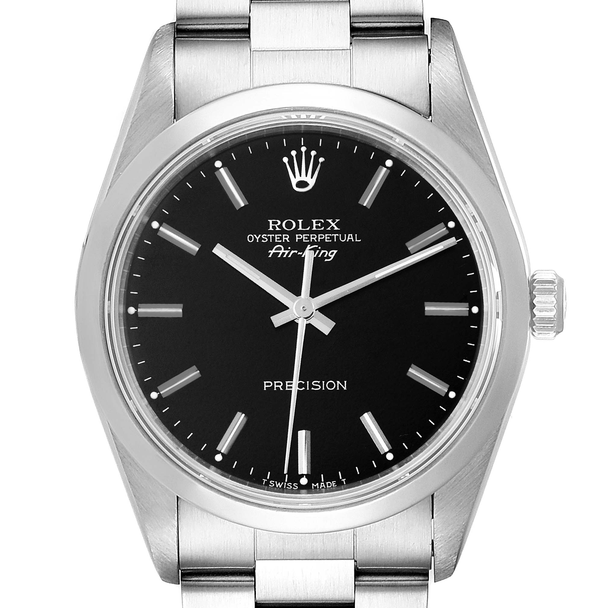 The image shows a front view of the Rolex Air-King 14000 Men's Stainless Steel Black Dial 14000 Men's Stainless Steel Black Dial watch, highlighting the face, bezel, crown, and part of the bracelet.