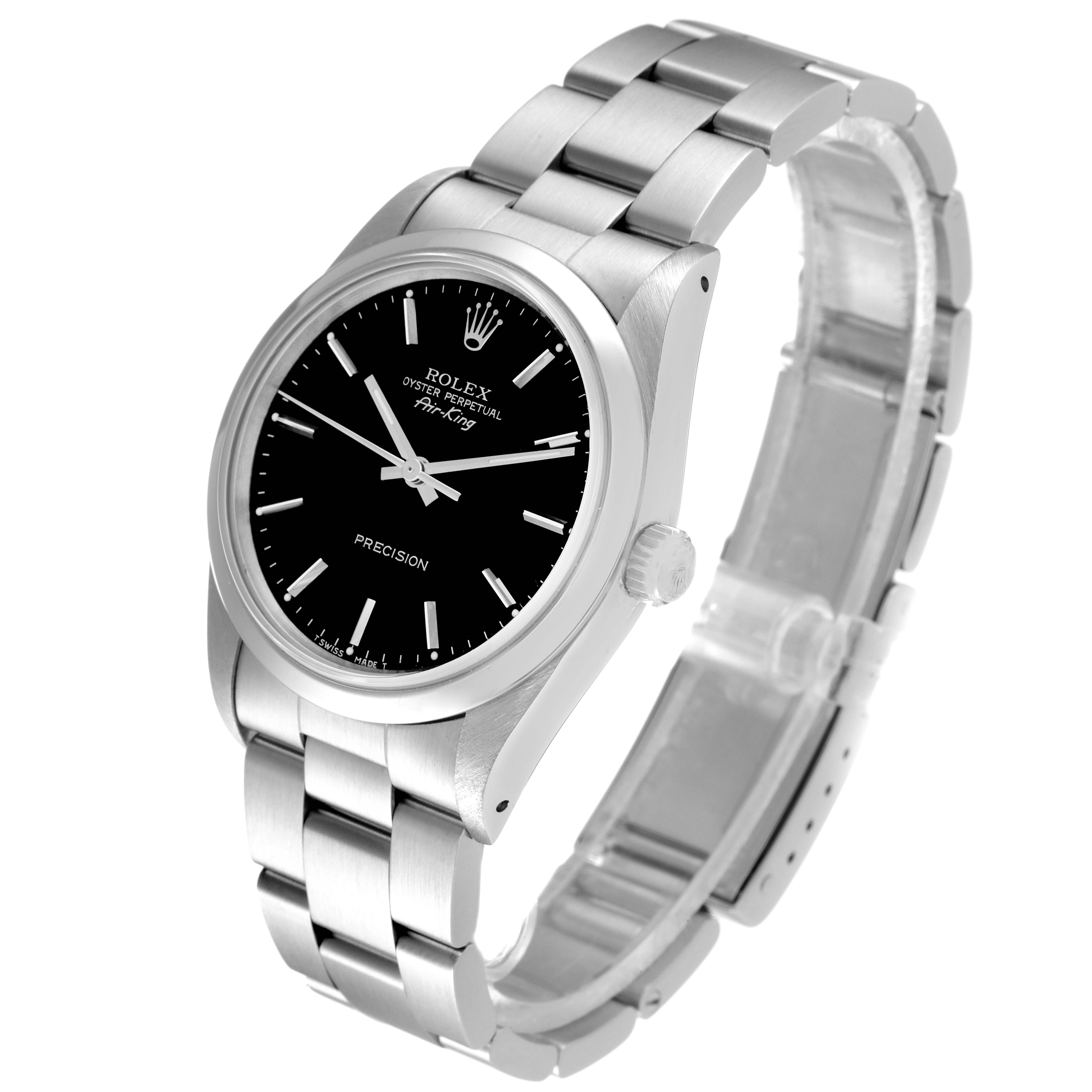 This image shows a Rolex Air-King 14000 Men's Stainless Steel Black Dial 14000 Men's Stainless Steel Black Dial watch at an angled view, displaying the face, case, crown, and metal bracelet.