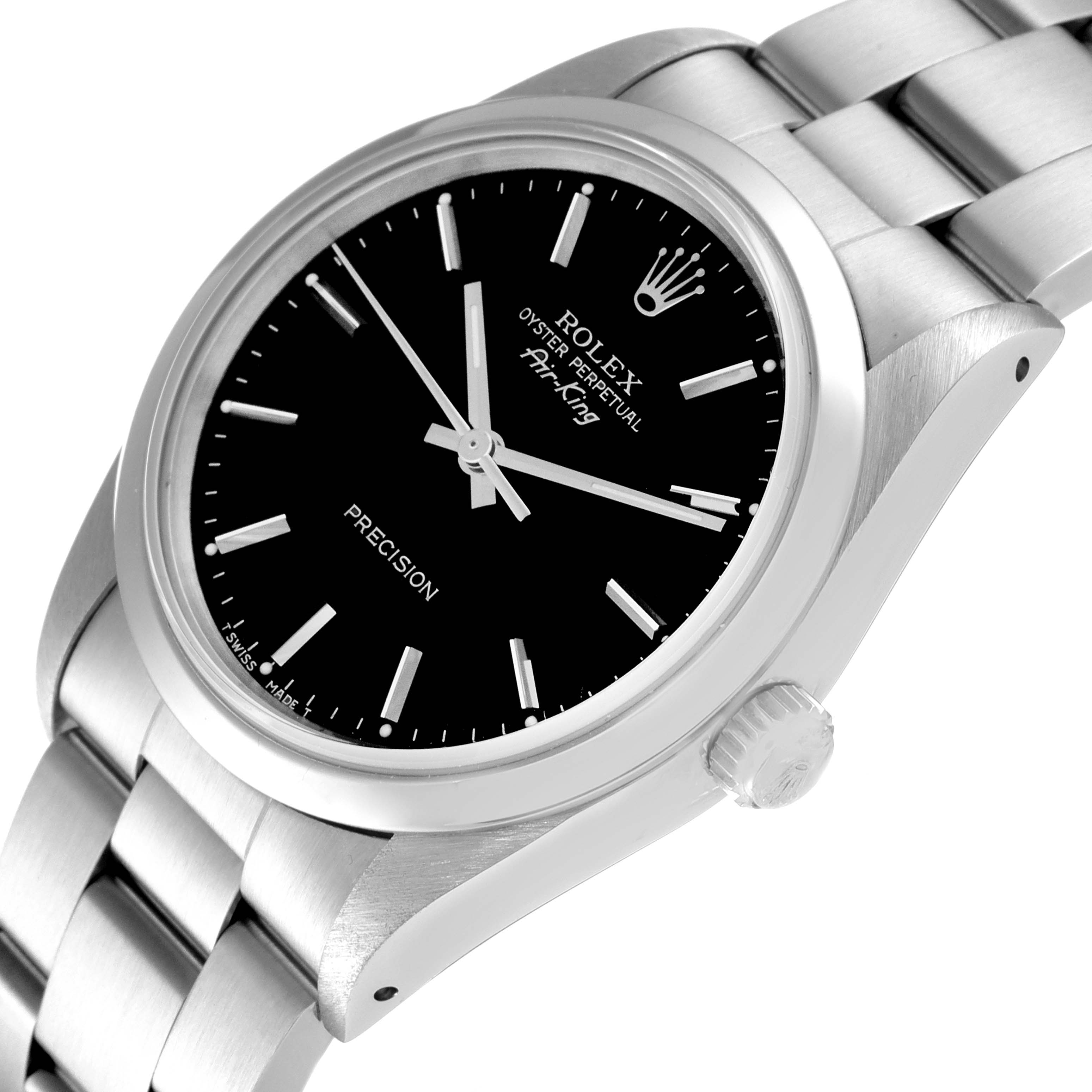 The image shows a Rolex Air-King 14000 Men's Stainless Steel Black Dial 14000 Men's Stainless Steel Black Dial watch from a slightly angled front view, displaying its dial, crown, and part of the bracelet.