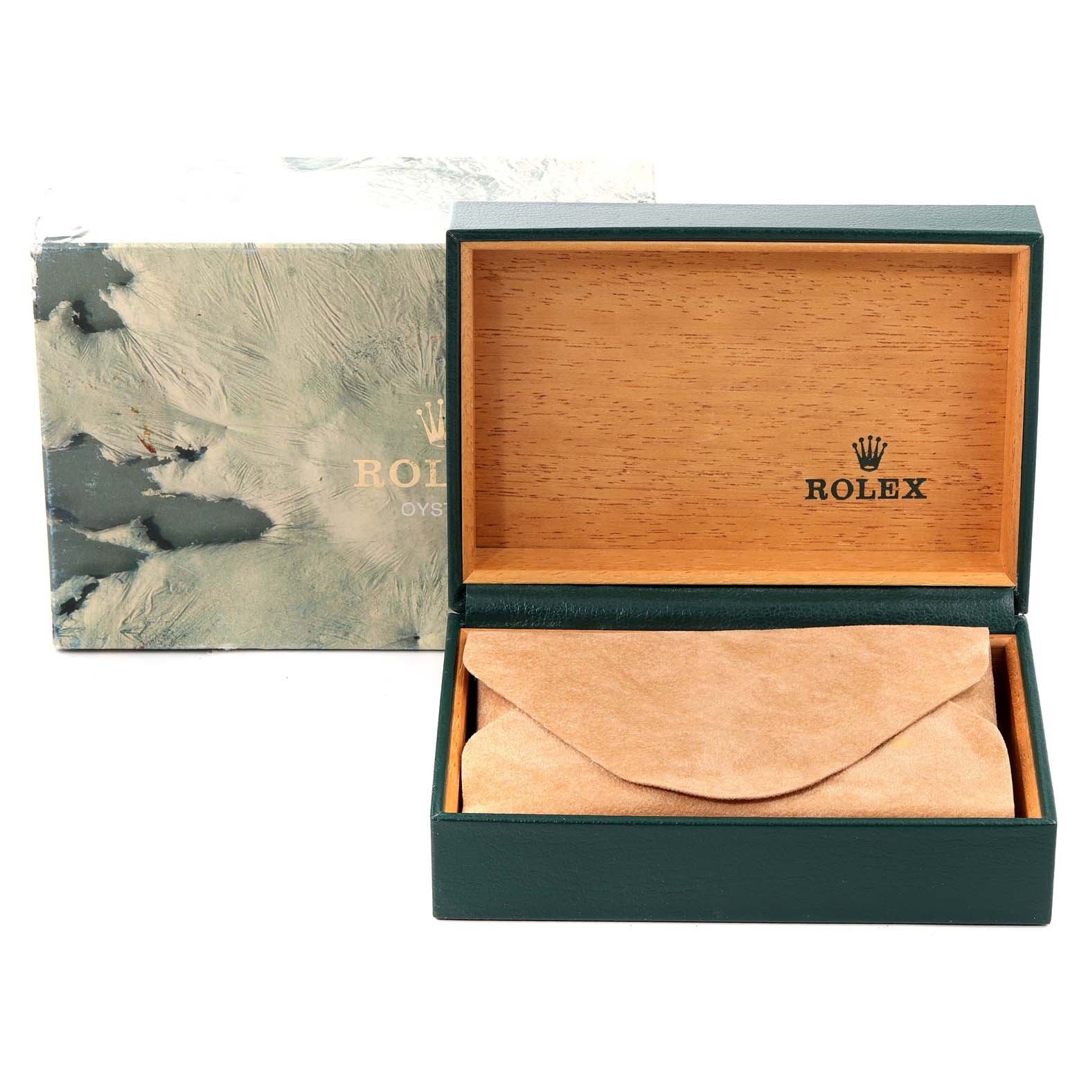 The image shows an open Rolex Air-King 14000 Men's Stainless Steel Black Dial 14000 Men's Stainless Steel Black Dial watch box with the inner lining and cushion, with the outer box also visible.