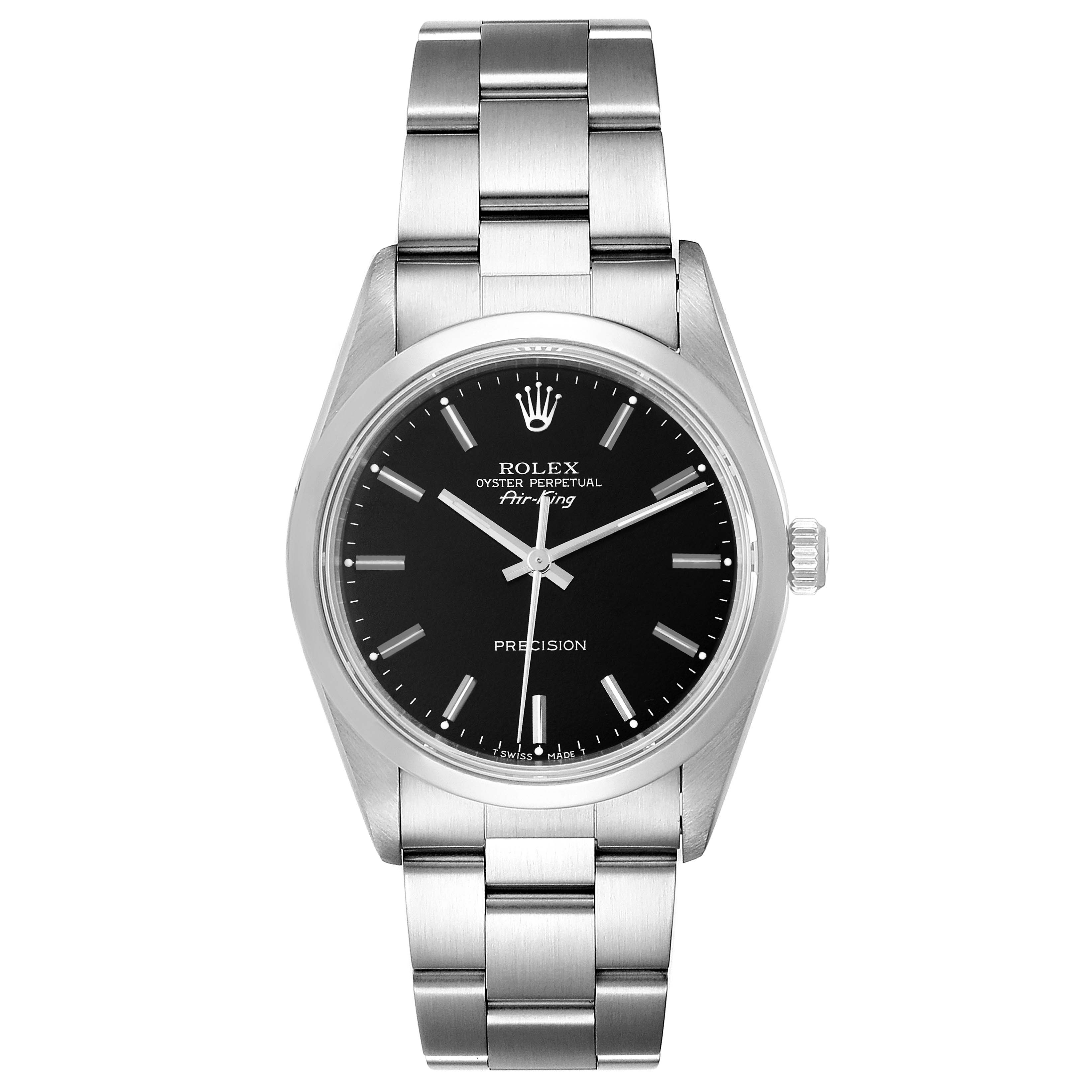 The image shows a front view of the Rolex Air-King 14000 Men's Stainless Steel Black Dial 14000 Men's Stainless Steel Black Dial watch displaying its black dial and stainless steel bracelet.