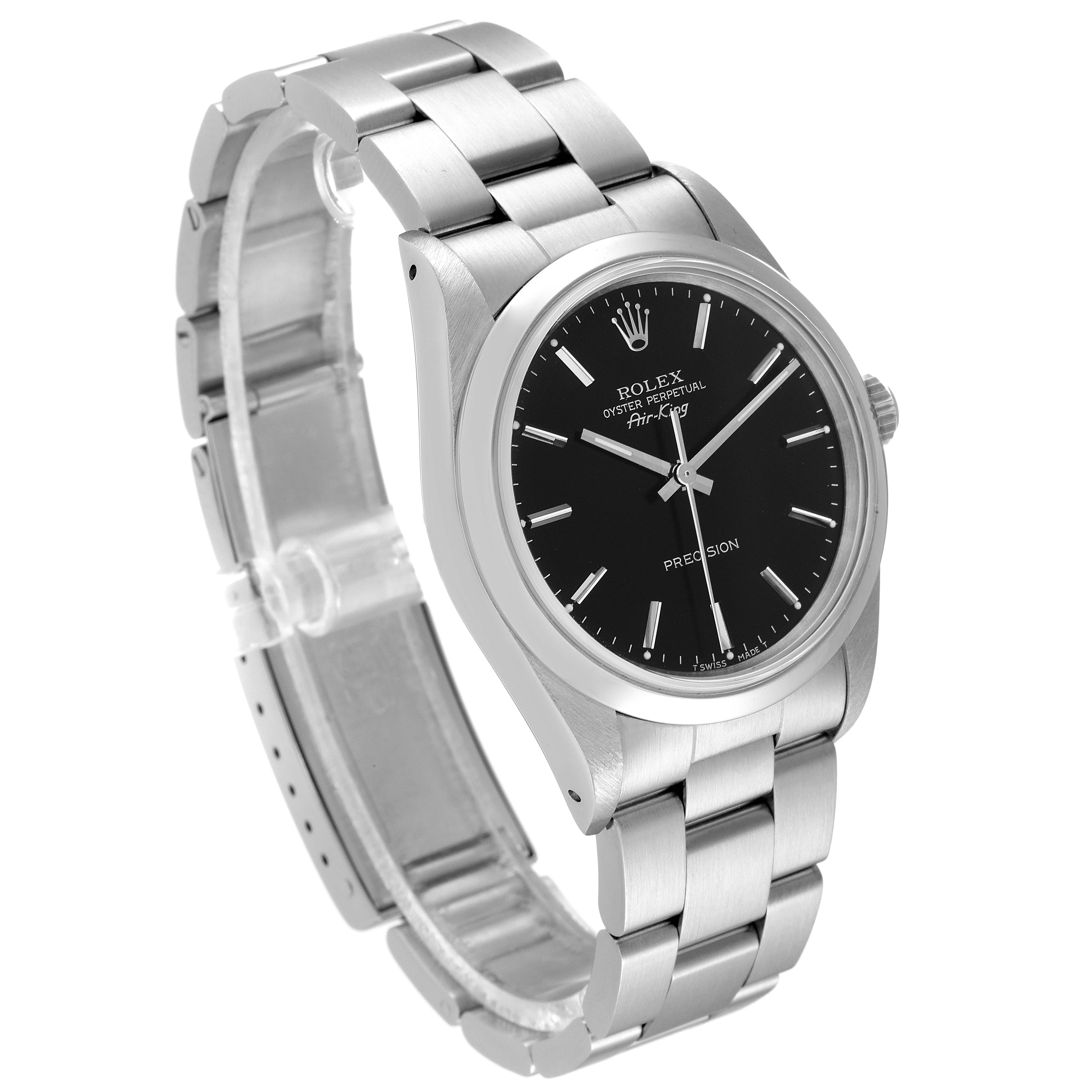 The Rolex Air-King 14000 Men's Stainless Steel Black Dial 14000 Men's Stainless Steel Black Dial watch is shown at an angle displaying its stainless steel bracelet and black dial.