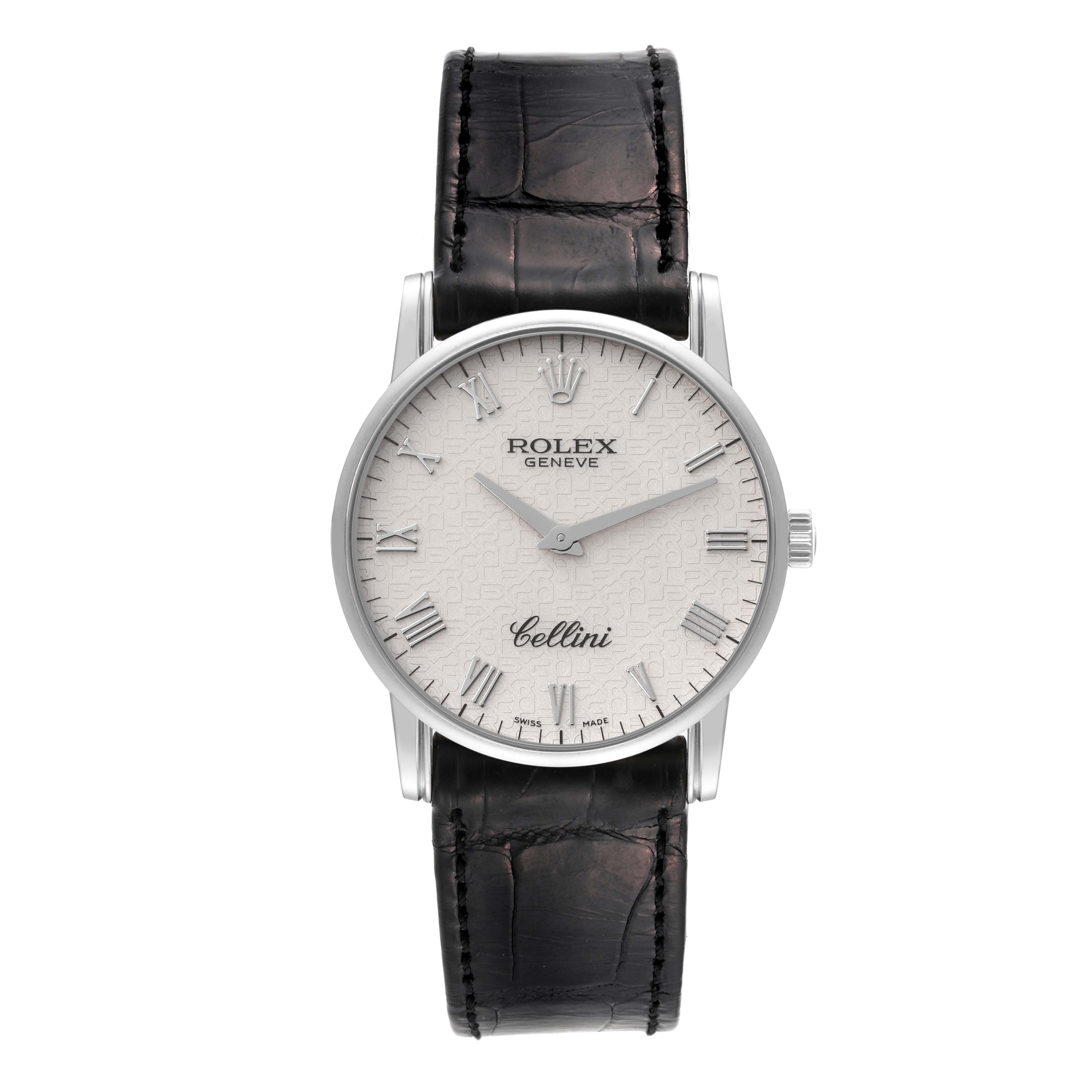 The image shows a front view of a Rolex Cellini 5116/9 Men's White Gold White Dial 5116/9 Men's White Gold White Dial watch with a white dial and a black leather strap.