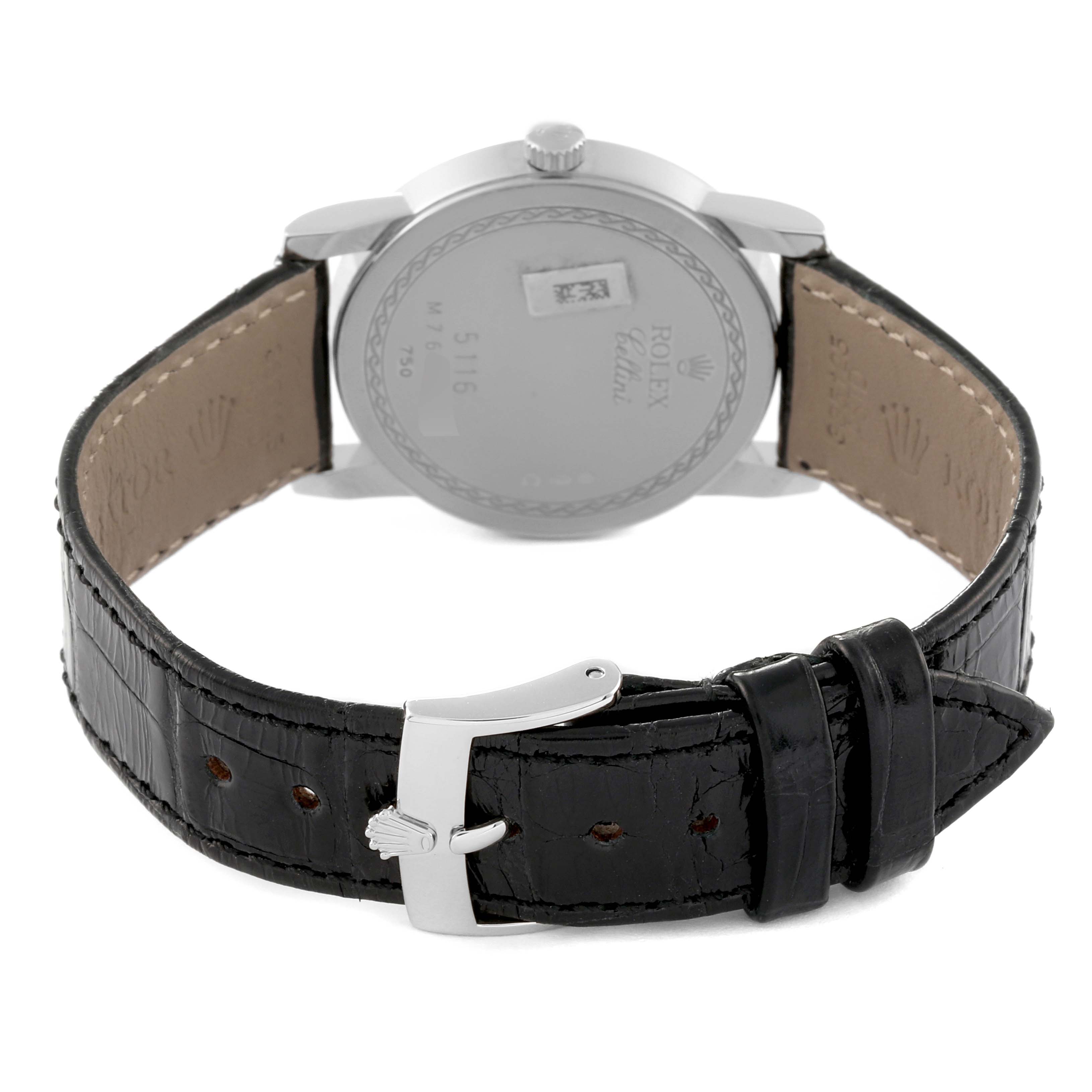 The image shows the back view of a Rolex Cellini 5116/9 Men's White Gold White Dial 5116/9 Men's White Gold White Dial watch, highlighting the case back and black leather strap with a buckle.