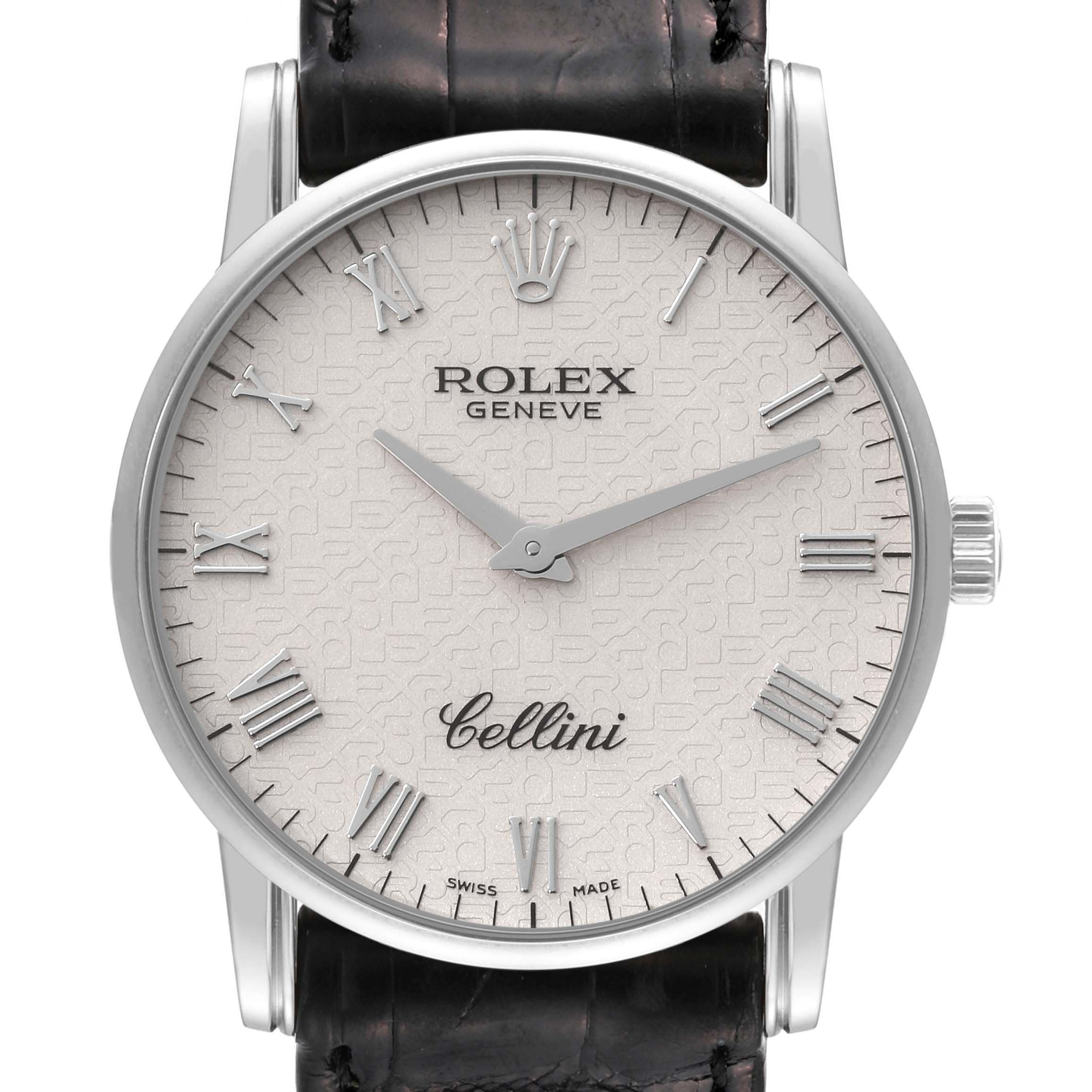 The image shows a front view of the Rolex Cellini 5116/9 Men's White Gold White Dial 5116/9 Men's White Gold White Dial watch, highlighting the dial, hands, crown, and part of the leather strap.