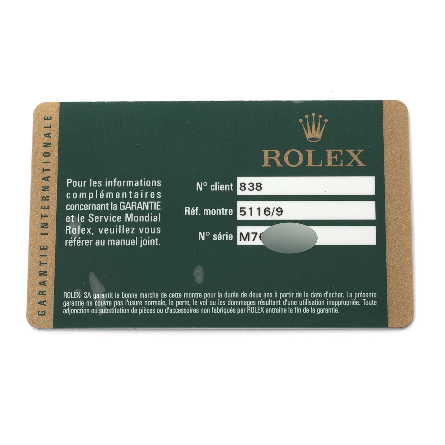 The image shows the warranty card for the Rolex Cellini 5116/9 Men's White Gold White Dial 5116/9 Men's White Gold White Dial model.