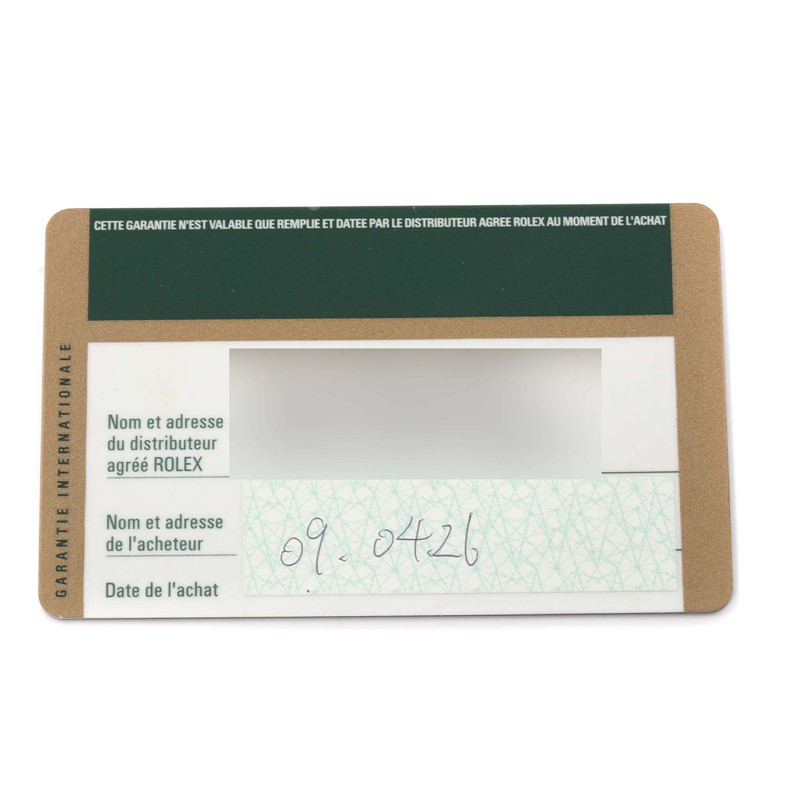 This is a warranty card for the Rolex Cellini 5116/9 Men's White Gold White Dial 5116/9 Men's White Gold White Dial model, viewed from the front showing various fields for information.