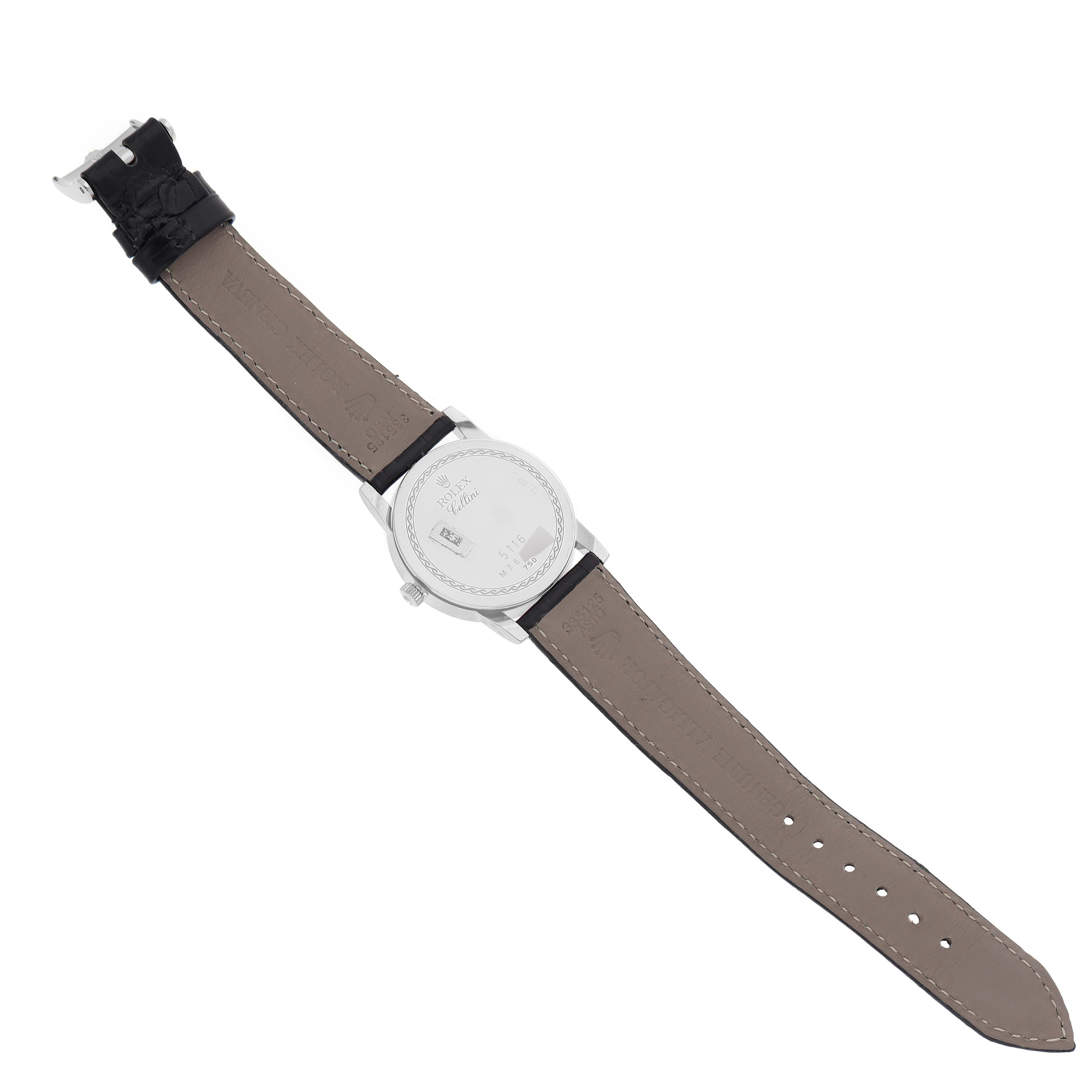 This image shows the back and entire strap of the Rolex Cellini 5116/9 Men's White Gold White Dial 5116/9 Men's White Gold White Dial watch, viewed from the rear side.