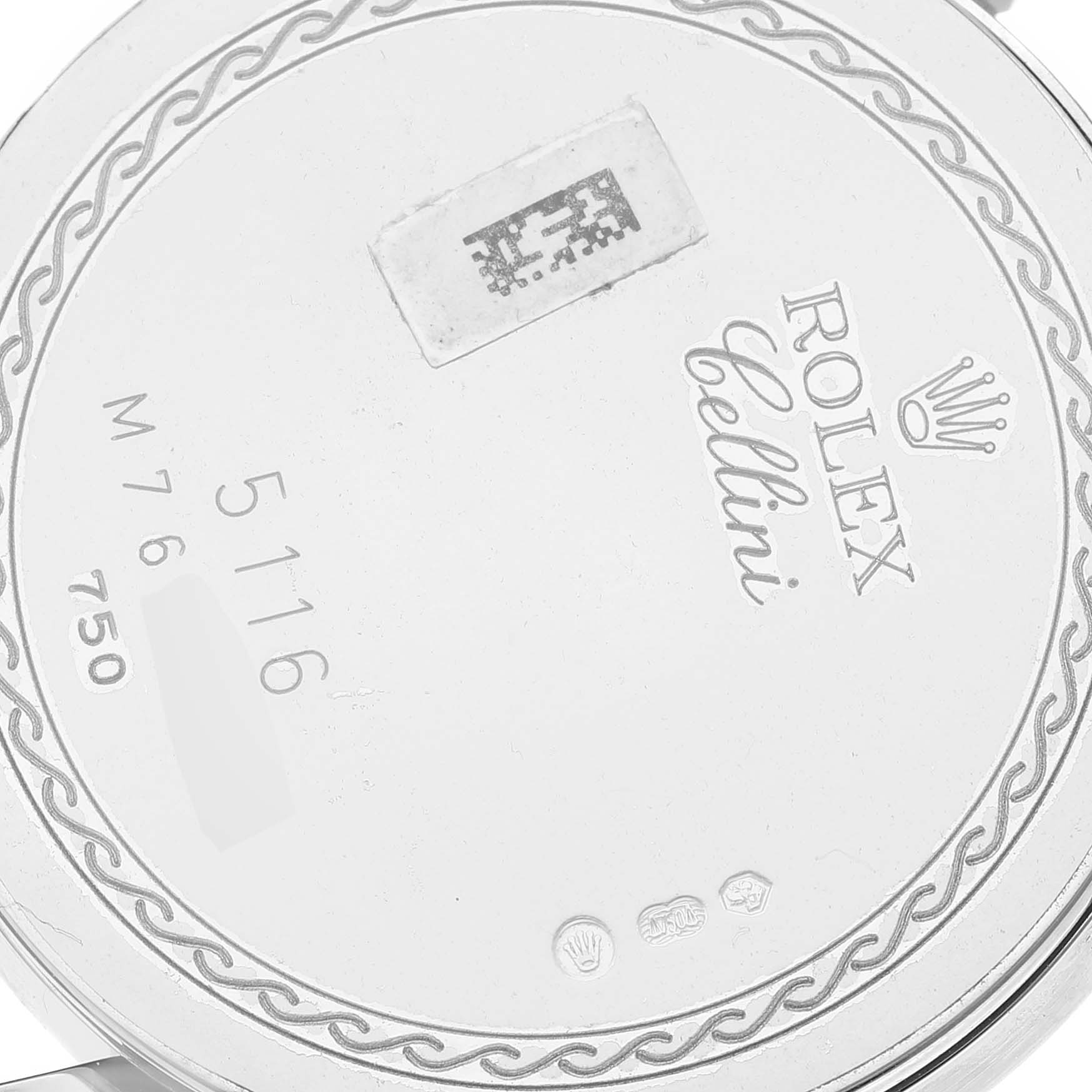 The image shows the back of a Rolex Cellini 5116/9 Men's White Gold White Dial 5116/9 Men's White Gold White Dial model watch, displaying the brand name, model number, and decorative engravings.