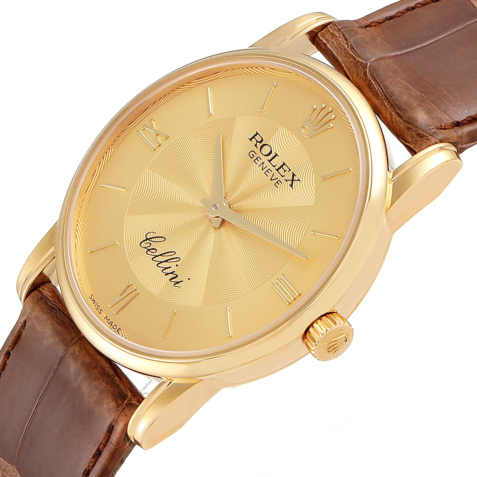 The Rolex Cellini 5116 Men's Yellow Gold Champagne Dial 5116 Men's Yellow Gold Champagne Dial watch is shown at an angled close-up, featuring its gold face, crown, and brown leather strap.
