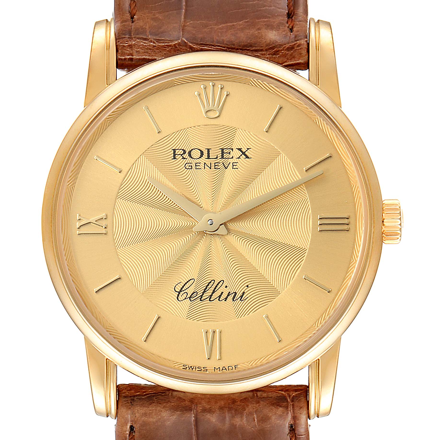The image shows a front view of a Rolex Cellini 5116 Men's Yellow Gold Champagne Dial 5116 Men's Yellow Gold Champagne Dial watch, highlighting its gold dial, hour markers, and leather strap.
