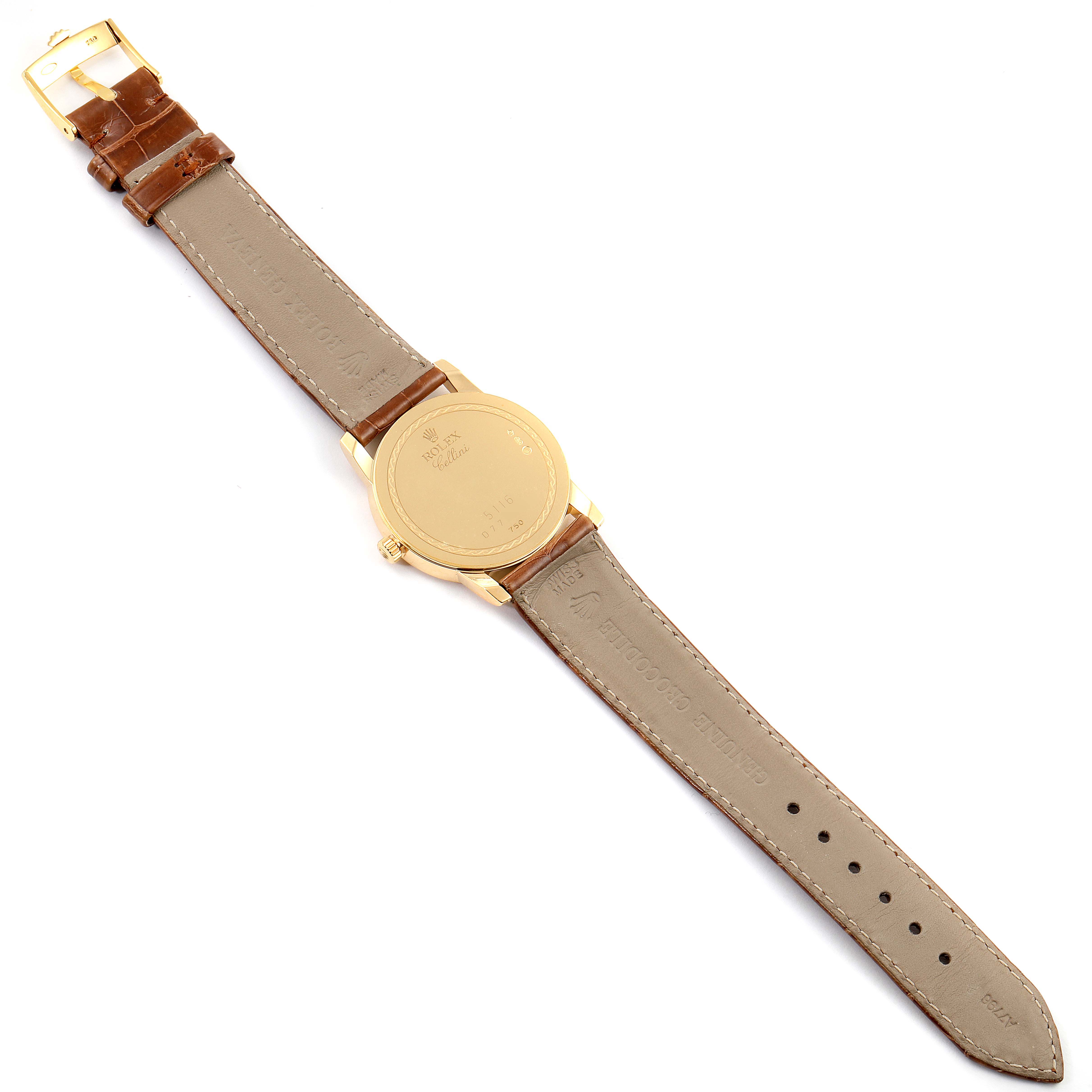 This image shows the back view of a Rolex Cellini 5116 Men's Yellow Gold Champagne Dial 5116 Men's Yellow Gold Champagne Dial watch, displaying its leather strap and the case back.