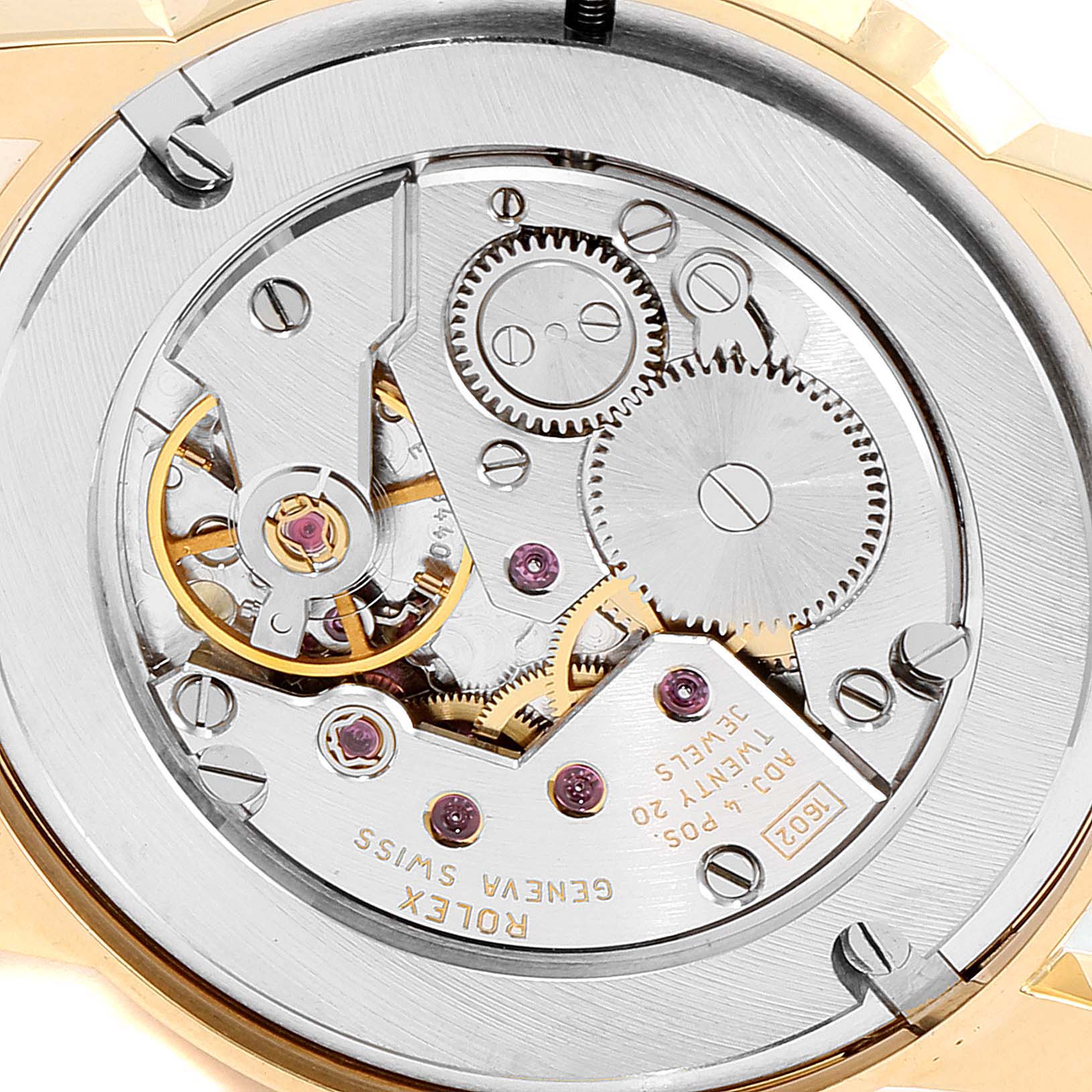 This is an image of the internal mechanical movement of a Rolex Cellini 5116 Men's Yellow Gold Champagne Dial 5116 Men's Yellow Gold Champagne Dial watch, showing gears and jewels.