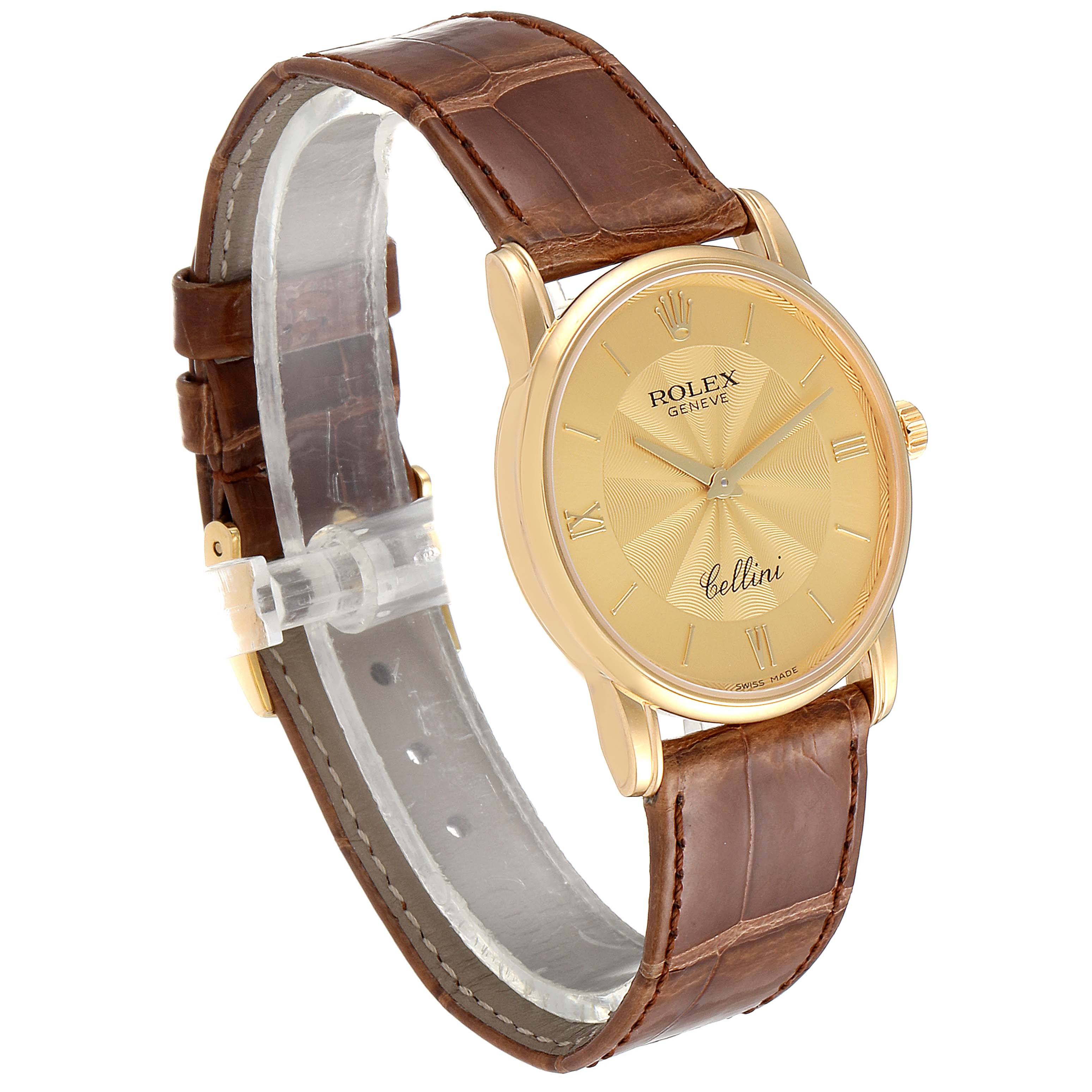 This image shows a side-angle view of a Rolex Cellini 5116 Men's Yellow Gold Champagne Dial 5116 Men's Yellow Gold Champagne Dial watch with its gold case and brown leather strap.