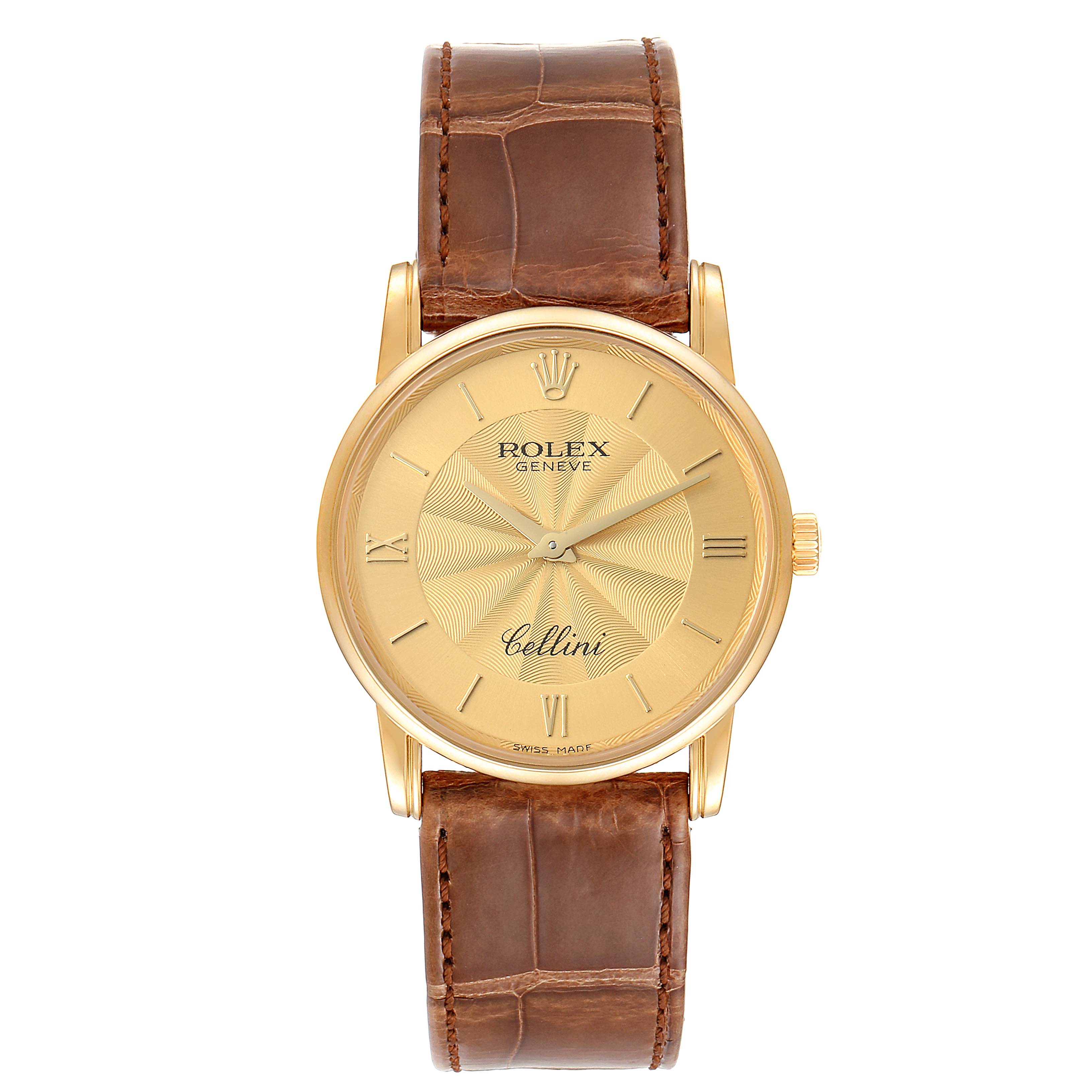 This image shows a front view of the Rolex Cellini 5116 Men's Yellow Gold Champagne Dial 5116 Men's Yellow Gold Champagne Dial watch, highlighting its gold dial and brown leather strap.