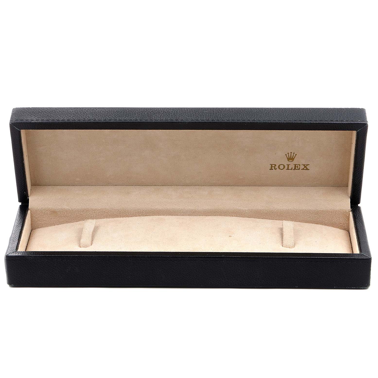 This image shows an open watch box for a Rolex Cellini 5116 Men's Yellow Gold Champagne Dial 5116 Men's Yellow Gold Champagne Dial model, displaying its interior from a front-angle view.