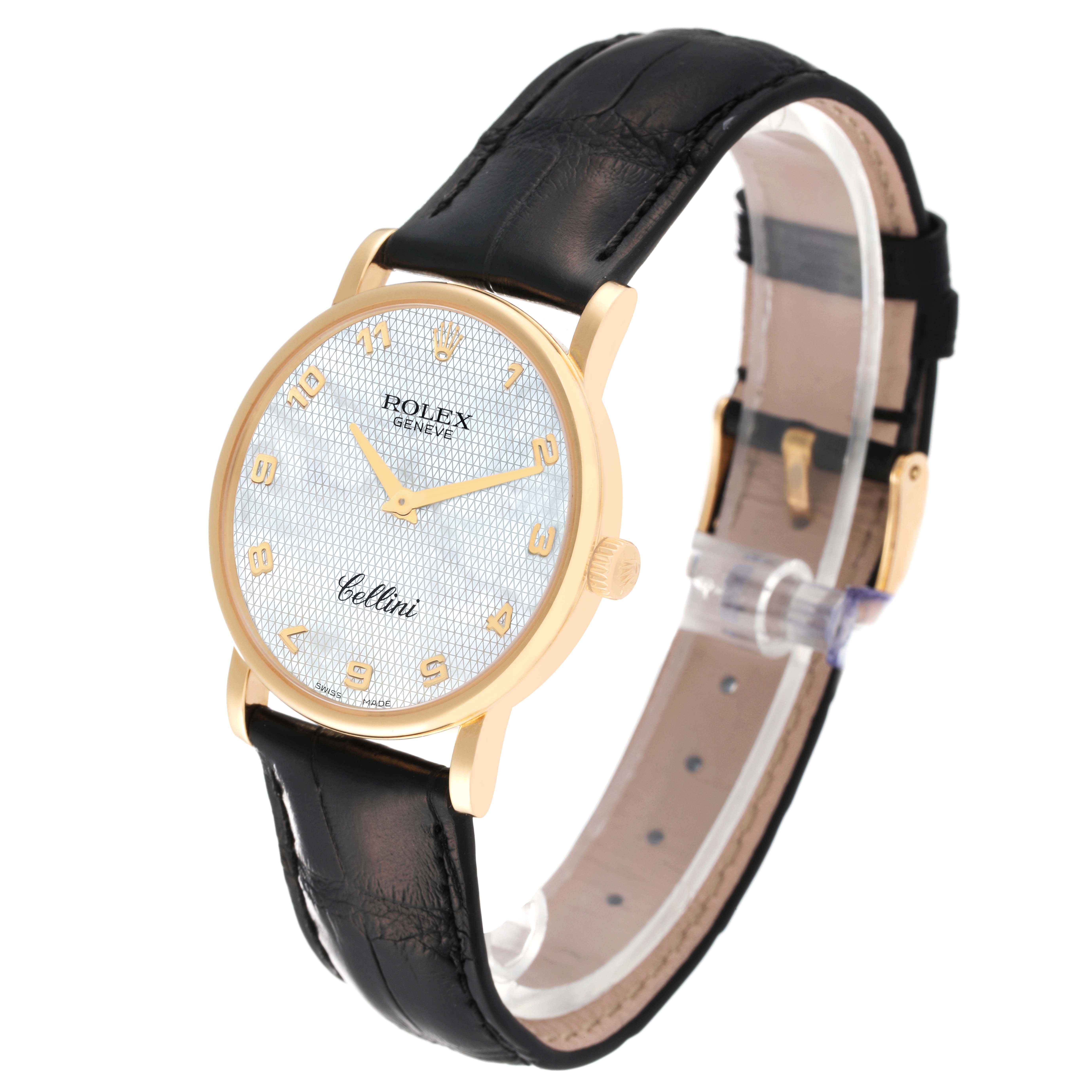 This image shows a Rolex Cellini 5115/8 Men's Yellow Gold Mother of Pearl Dial 5115/8 Men's Yellow Gold Mother of Pearl Dial watch at a slight right side angle, highlighting its black leather strap and gold case.