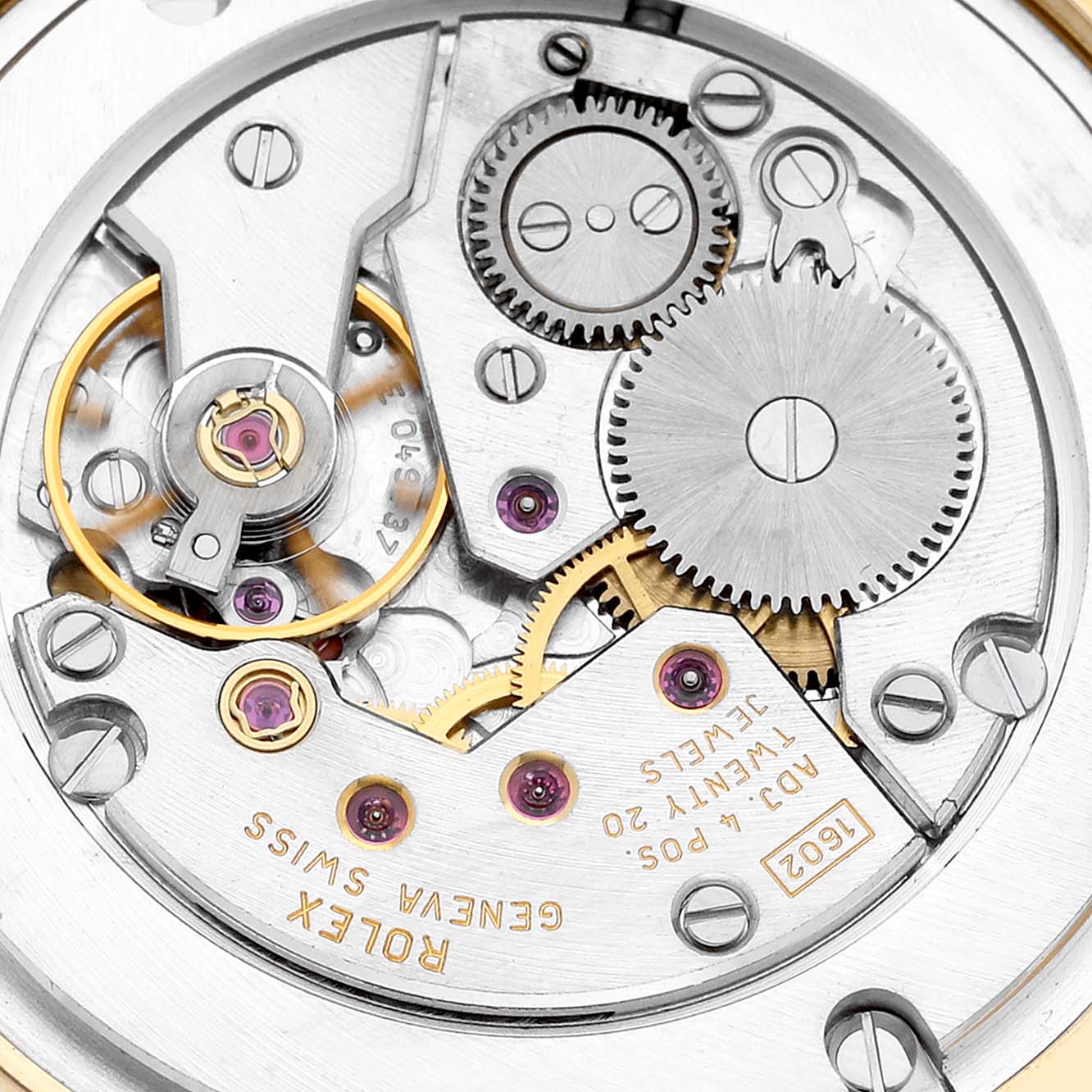 This image shows the inner mechanical movement of the Rolex Cellini 5115/8 Men's Yellow Gold Mother of Pearl Dial 5115/8 Men's Yellow Gold Mother of Pearl Dial watch model viewed from the back.