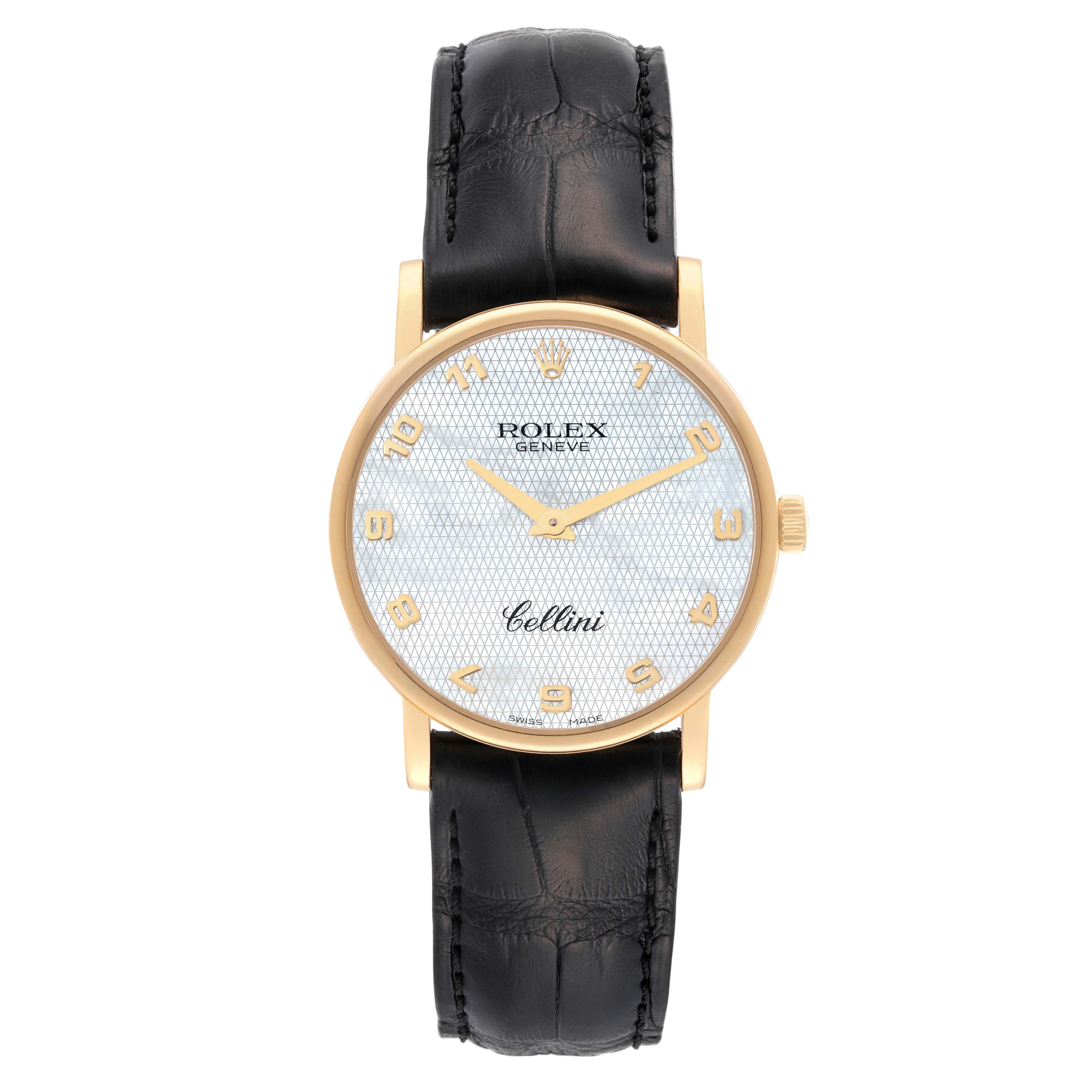 The image shows a front view of a Rolex Cellini 5115/8 Men's Yellow Gold Mother of Pearl Dial 5115/8 Men's Yellow Gold Mother of Pearl Dial watch, displaying the face, bezel, crown, and leather strap.