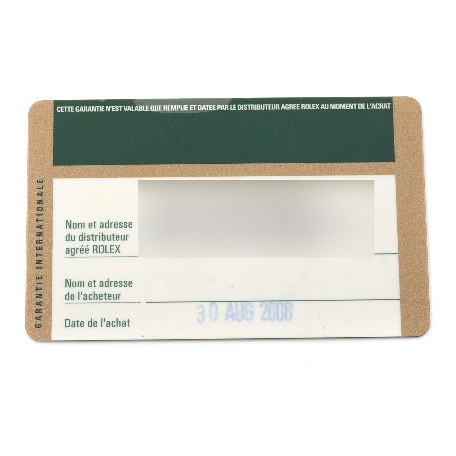 The image shows an international warranty card for a Rolex Cellini 5115/8 Men's Yellow Gold Mother of Pearl Dial 5115/8 Men's Yellow Gold Mother of Pearl Dial watch from a top-down angle.