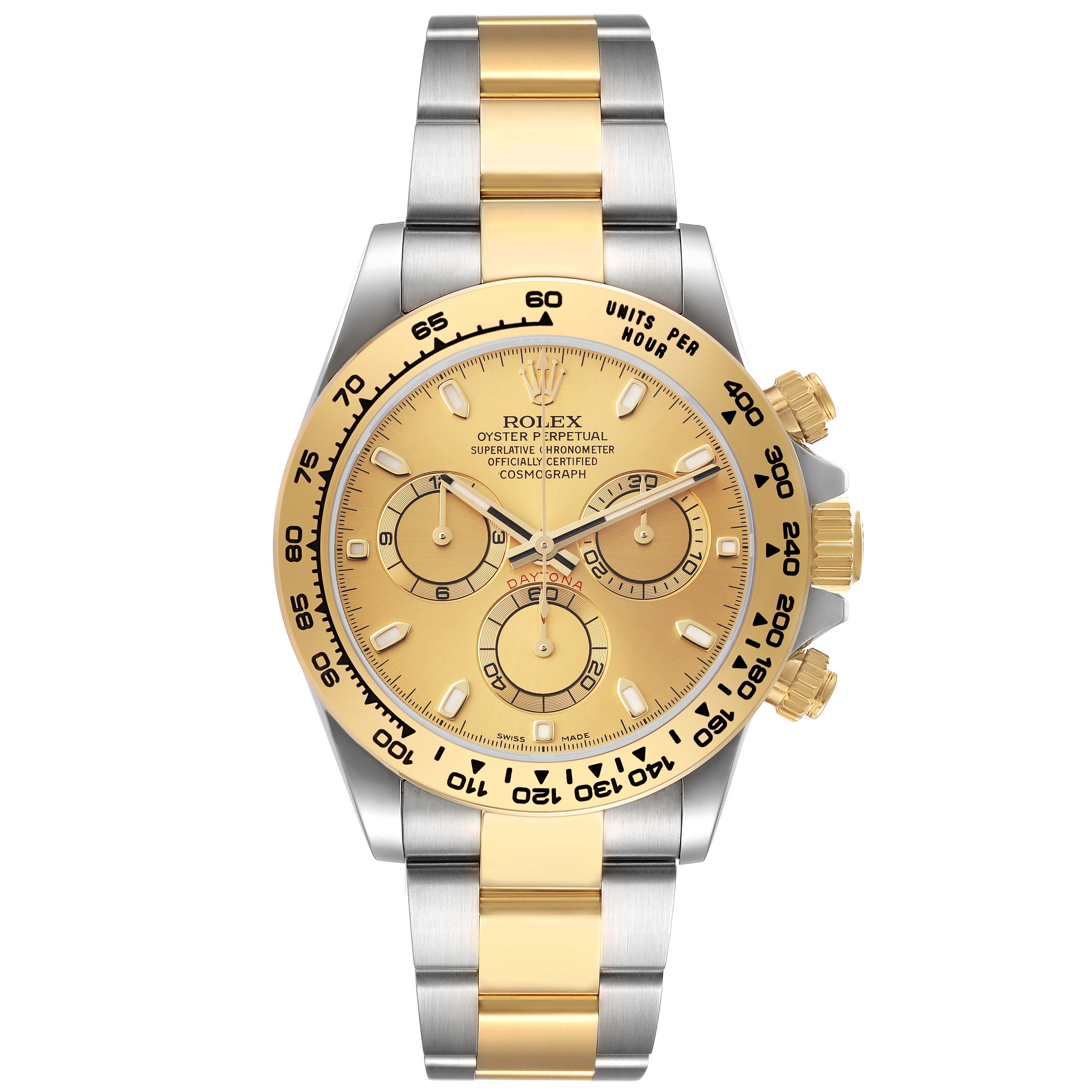 The image shows a frontal view of a Rolex Daytona 116503 Men's Steel and Gold (two tone) Champagne Dial 116503 Men's Steel and Gold (two tone) Champagne Dial watch, highlighting its gold dial, sub-dials, bezel, and two-tone bracelet.