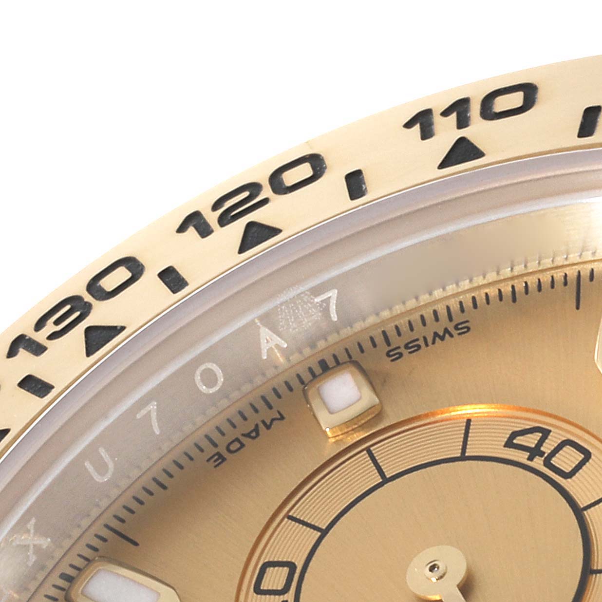 This image shows a close-up angle of the dial and bezel of a Rolex Daytona 116503 Men's Steel and Gold (two tone) Champagne Dial 116503 Men's Steel and Gold (two tone) Champagne Dial watch, highlighting tachymeter markings.