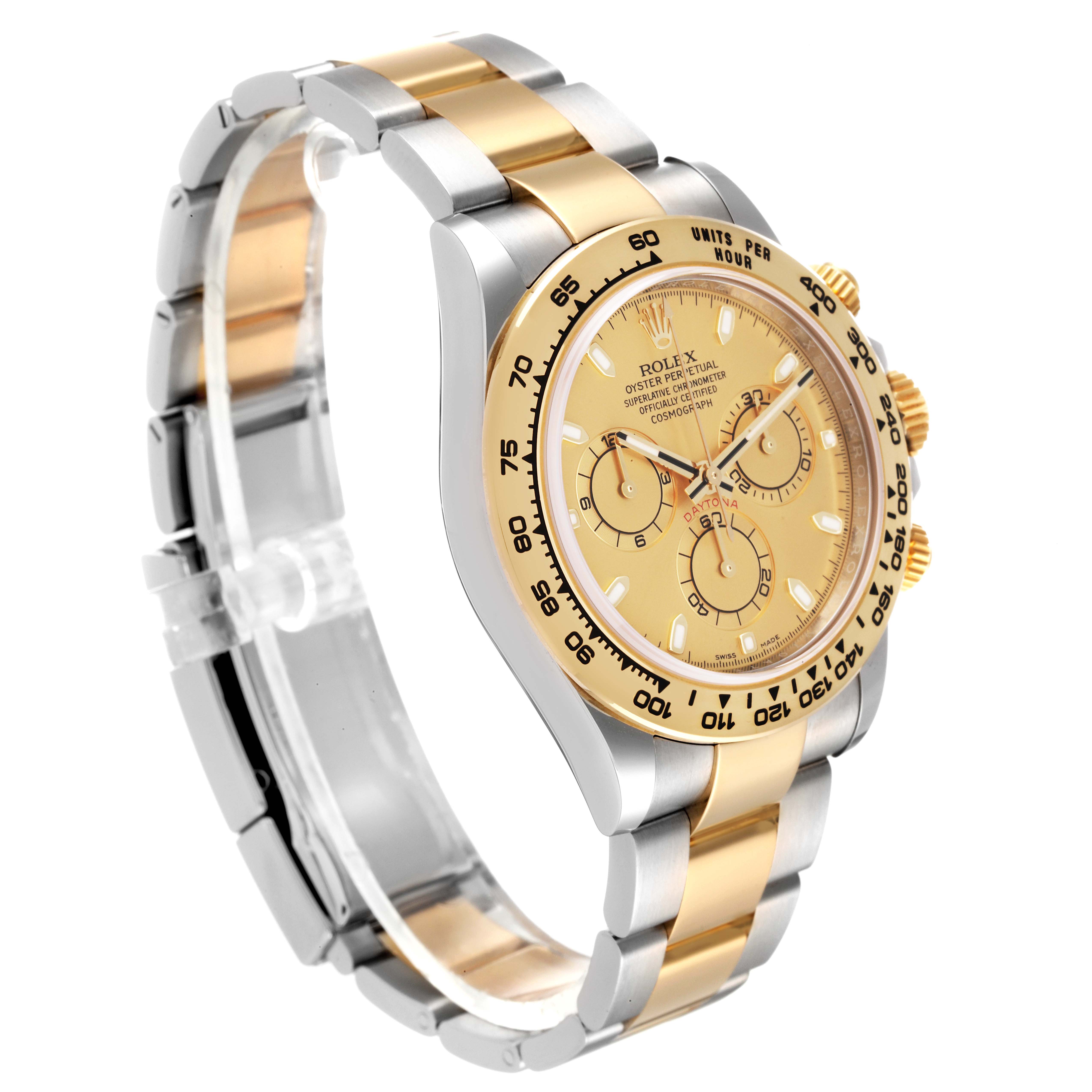 The Rolex Daytona 116503 Men's Steel and Gold (two tone) Champagne Dial 116503 Men's Steel and Gold (two tone) Champagne Dial watch is shown at a three-quarter angle displaying the gold and silver bracelet, bezel, and dial with chronographs.
