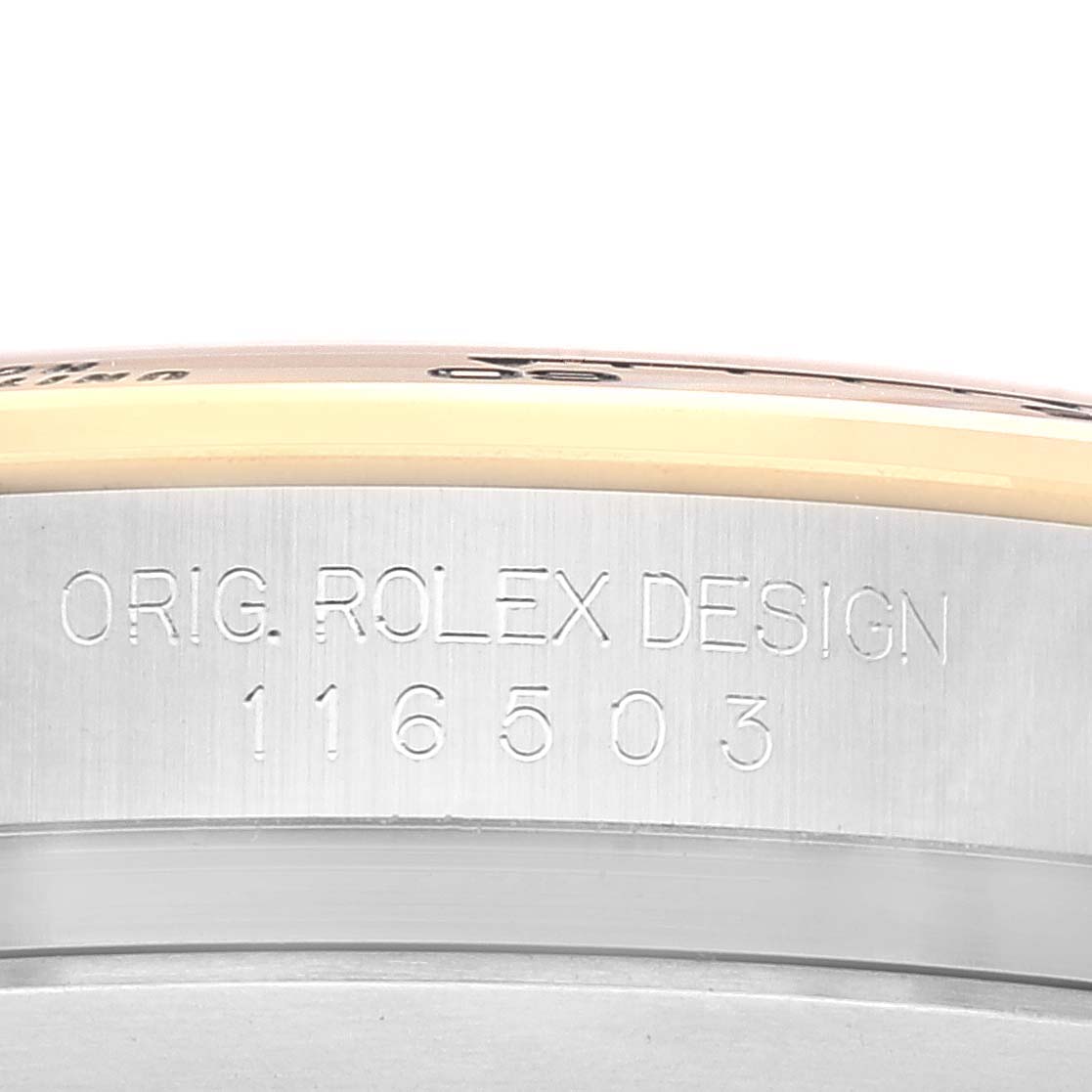 This image shows a close-up of the model number 116503 on the side of a Rolex Daytona 116503 Men's Steel and Gold (two tone) Champagne Dial 116503 Men's Steel and Gold (two tone) Champagne Dial watch case.
