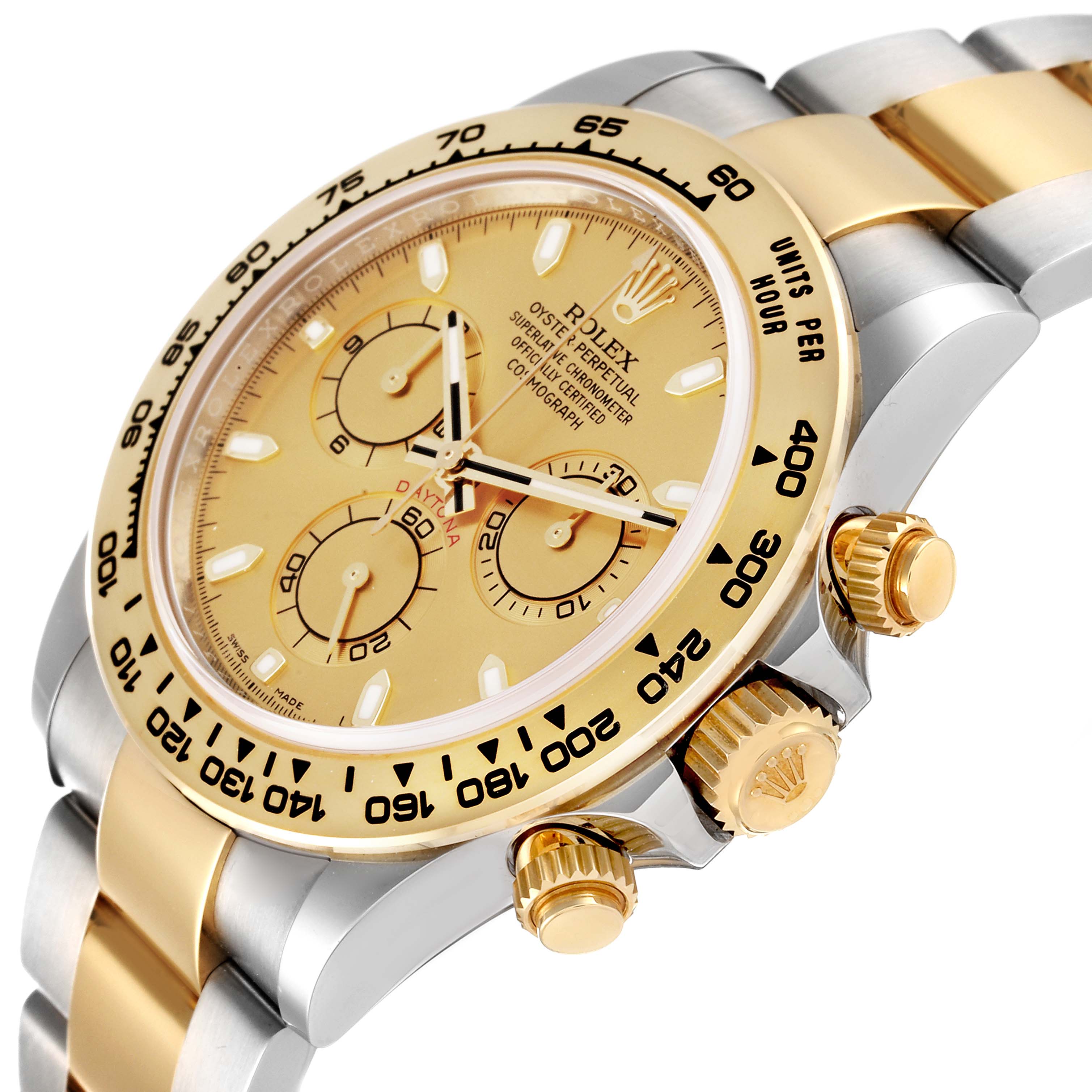 This image shows a close-up angled view of the Rolex Daytona 116503 Men's Steel and Gold (two tone) Champagne Dial 116503 Men's Steel and Gold (two tone) Champagne Dial's dial, bezel, and crown, highlighting its details.