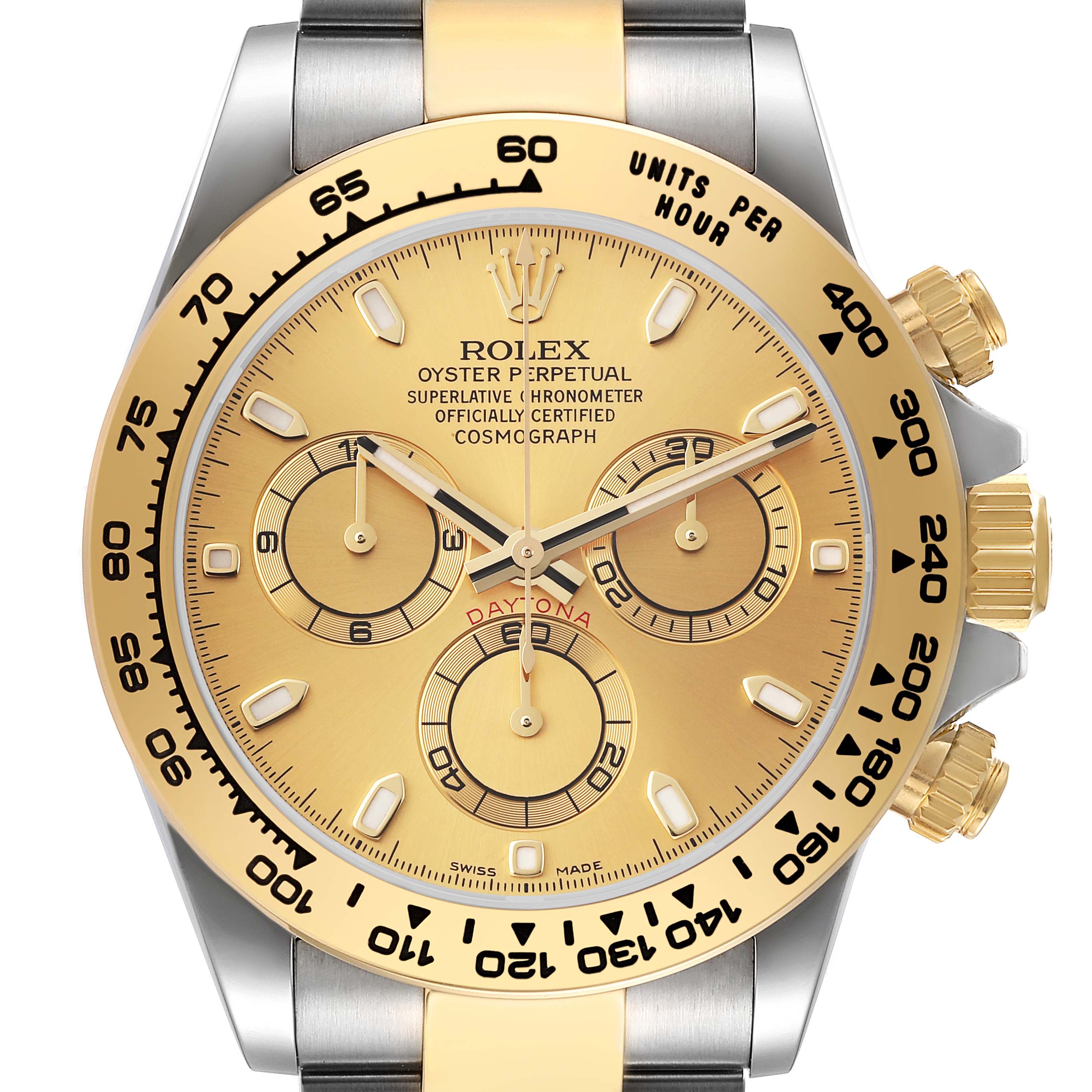 The image is a close-up frontal view of a Rolex Daytona 116503 Men's Steel and Gold (two tone) Champagne Dial 116503 Men's Steel and Gold (two tone) Champagne Dial watch, showing the dial, hands, subdials, and bezel.