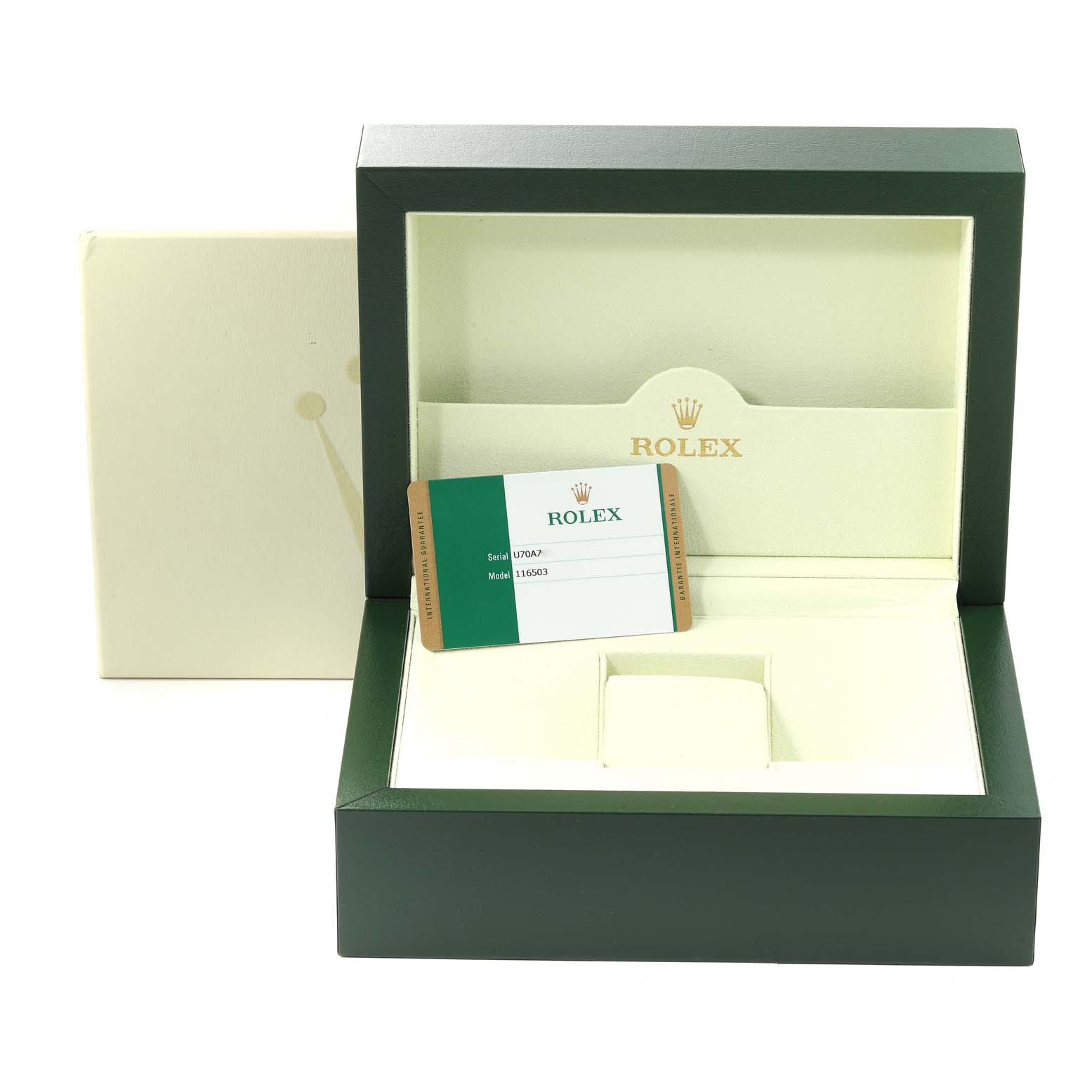 The image shows a Rolex Daytona 116503 Men's Steel and Gold (two tone) Champagne Dial 116503 Men's Steel and Gold (two tone) Champagne Dial watch box and an authenticity card placed inside the opened box.