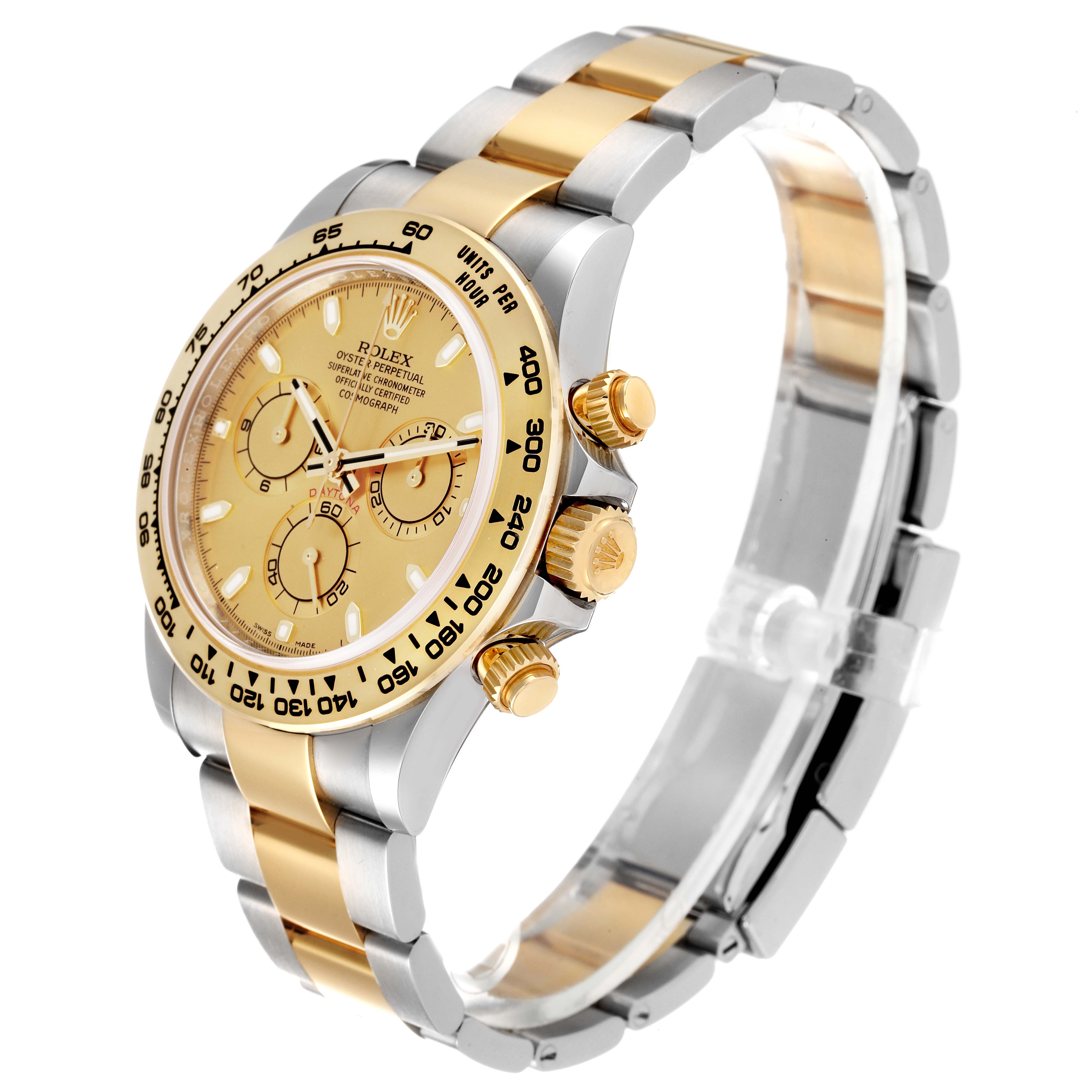 The image shows a Rolex Daytona 116503 Men's Steel and Gold (two tone) Champagne Dial 116503 Men's Steel and Gold (two tone) Champagne Dial watch at a 3/4 angle, showcasing the bezel, dial, and bracelet.