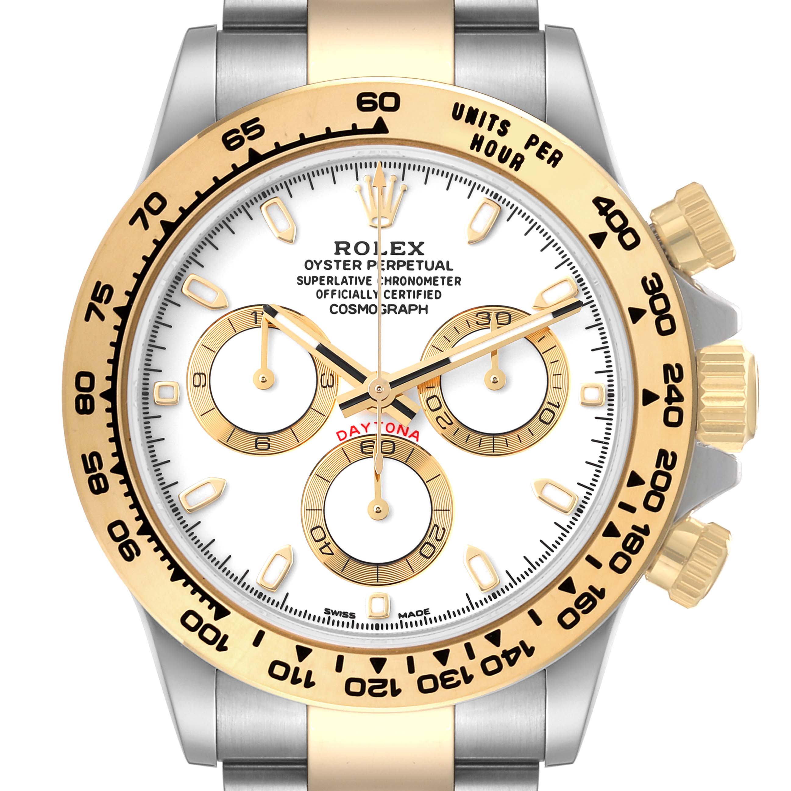 This image shows the front face of a Rolex Daytona 116503 Men's Steel and Gold (two tone) White Dial 116503 Men's Steel and Gold (two tone) White Dial watch, highlighting its bezel, dial, subdials, and crown.