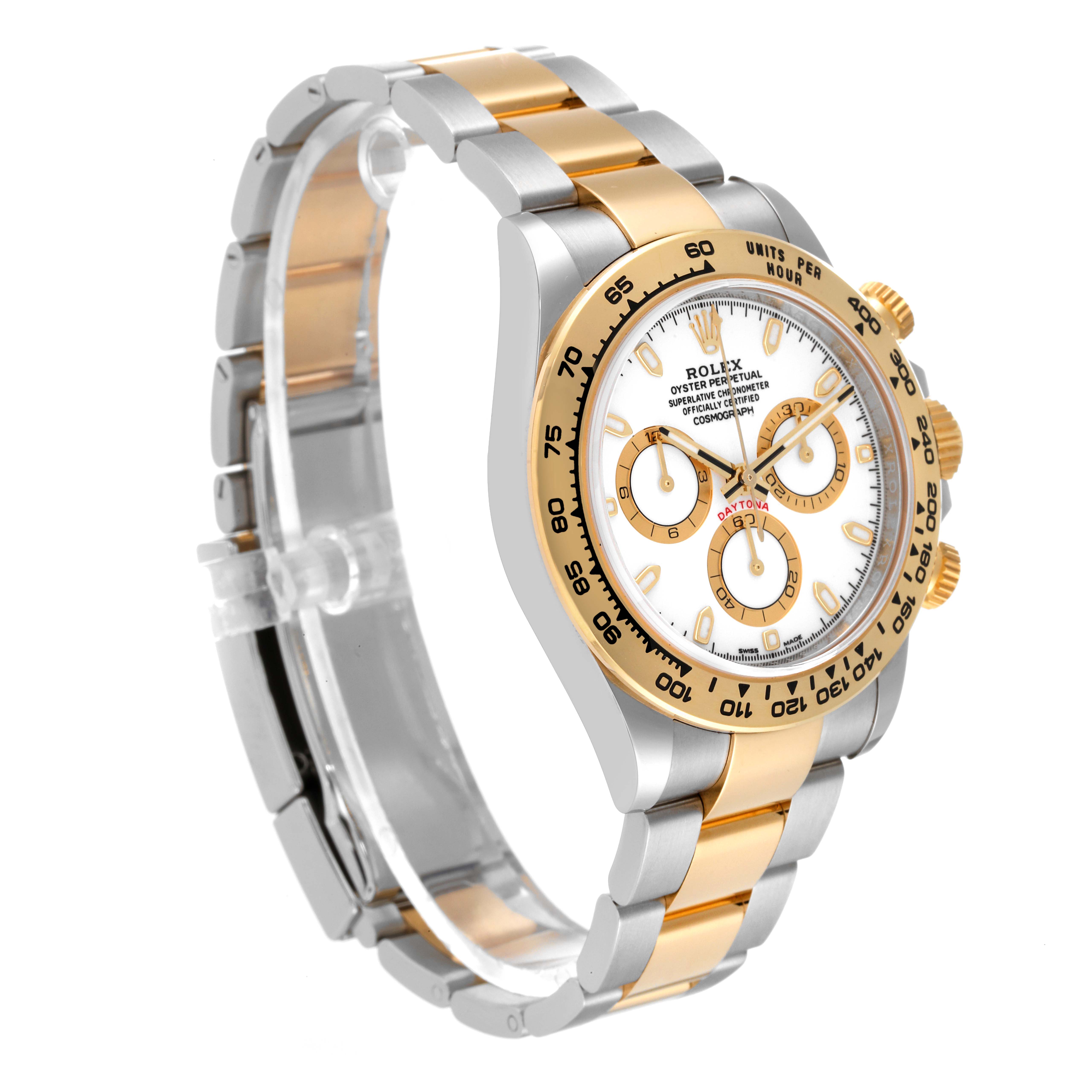 The image shows a side angle of the Rolex Daytona 116503 Men's Steel and Gold (two tone) White Dial 116503 Men's Steel and Gold (two tone) White Dial model, highlighting its two-tone band and face with chronograph subdials.
