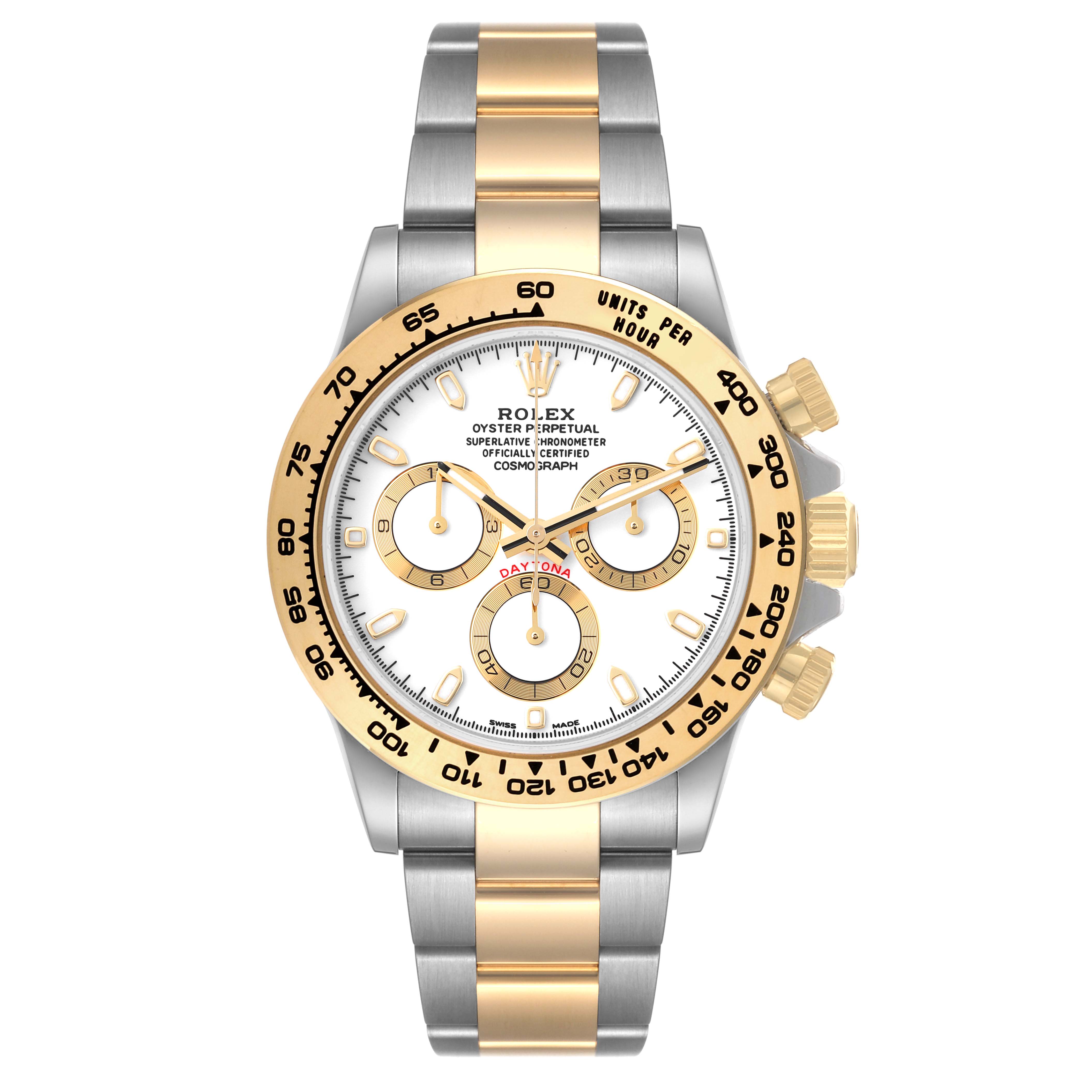 The image shows a front view of a Rolex Daytona 116503 Men's Steel and Gold (two tone) White Dial 116503 Men's Steel and Gold (two tone) White Dial watch with a gold and silver bracelet, white dial, and gold accents.