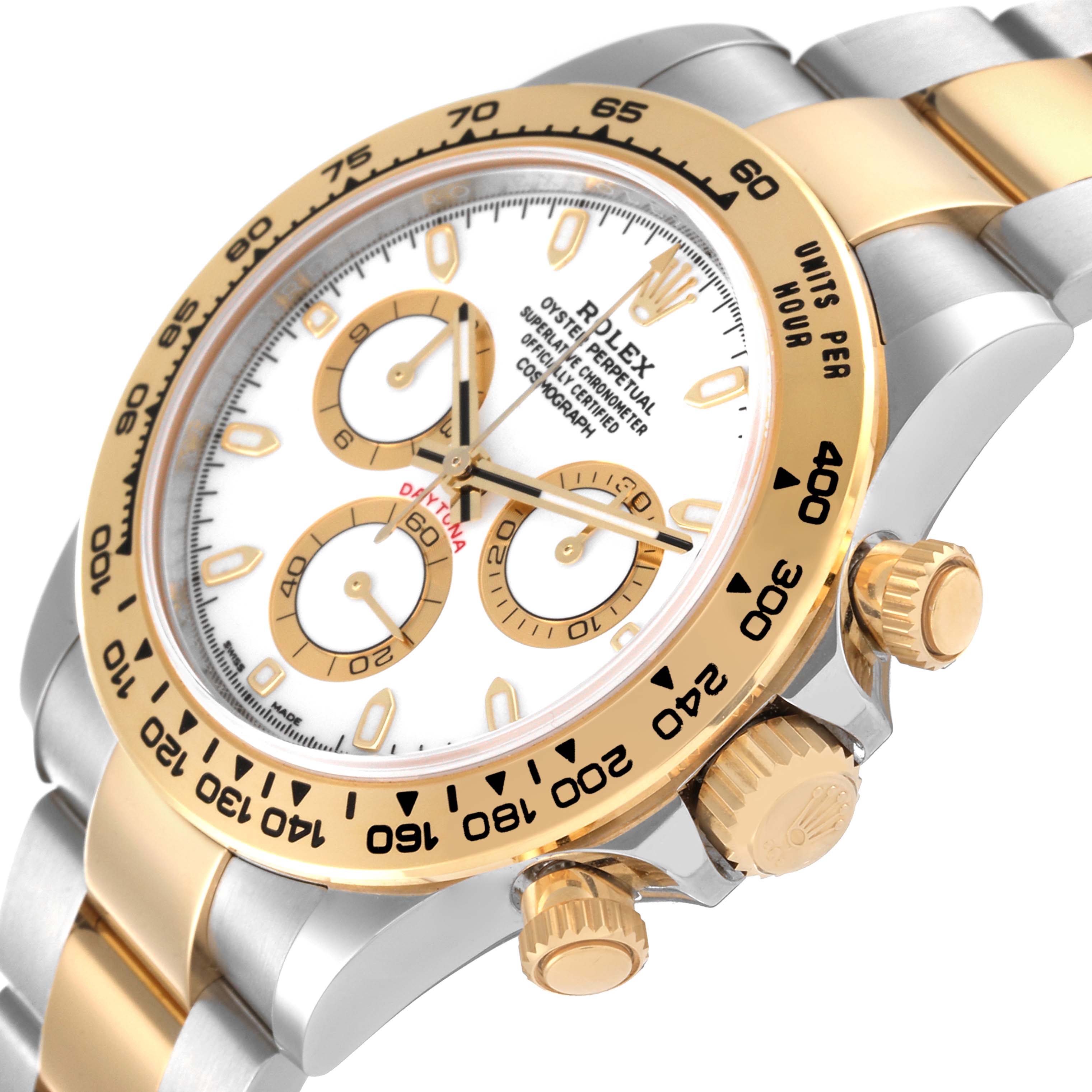 The image shows a Rolex Daytona 116503 Men's Steel and Gold (two tone) White Dial 116503 Men's Steel and Gold (two tone) White Dial watch at an angle highlighting the face, bezel, crown, and part of the bracelet.