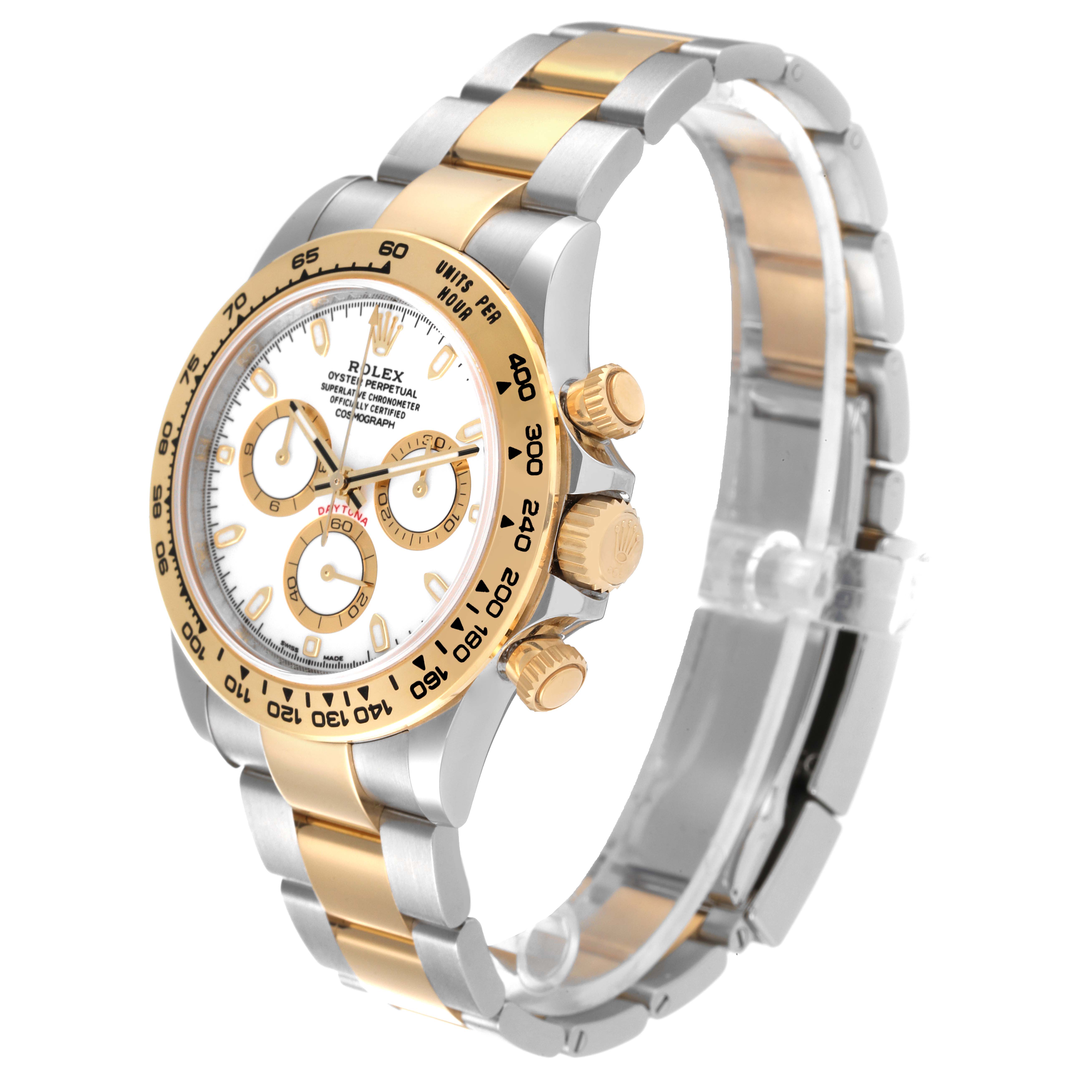 The Rolex Daytona 116503 Men's Steel and Gold (two tone) White Dial 116503 Men's Steel and Gold (two tone) White Dial watch is shown at an angle highlighting the face, bezel, and two-tone bracelet.