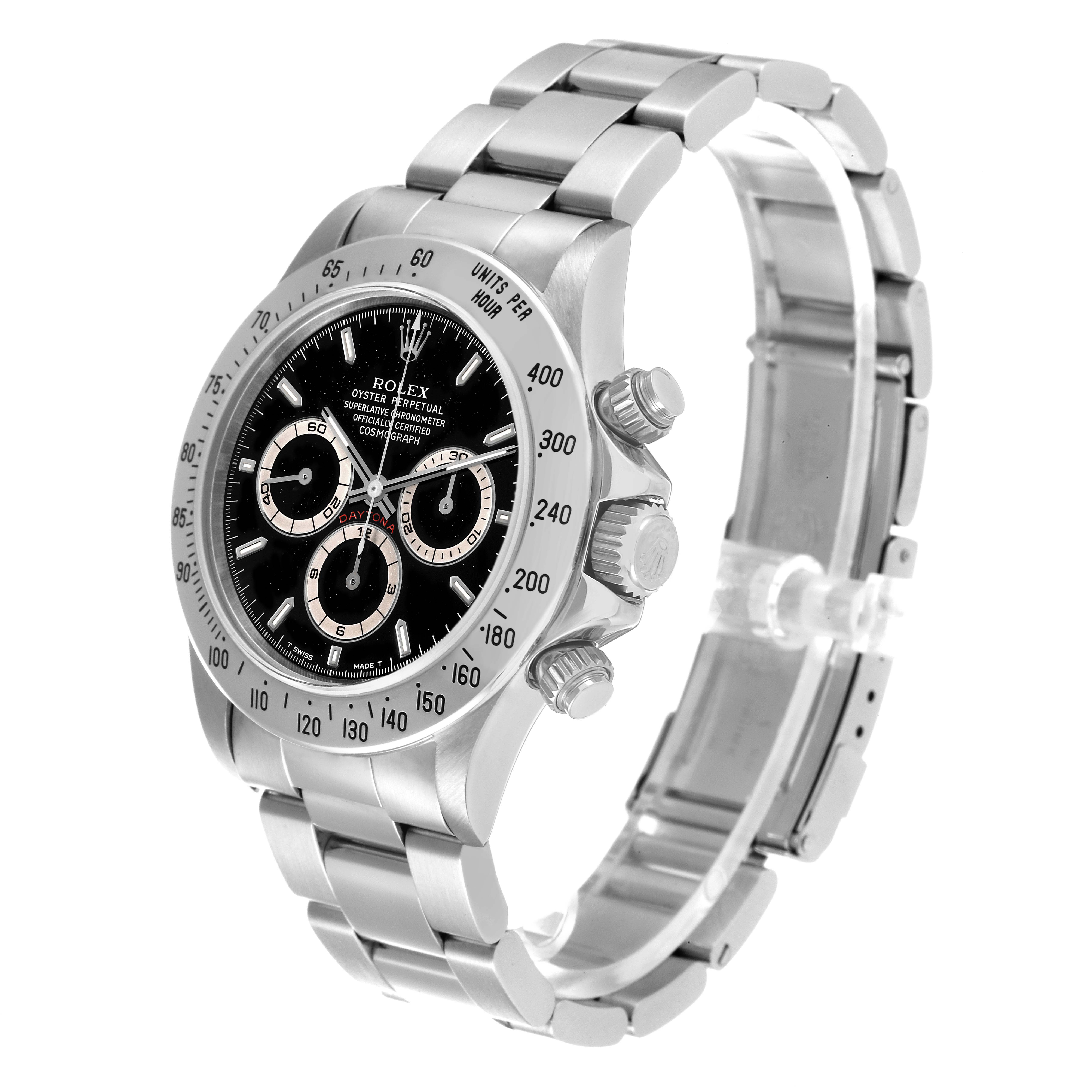 The Rolex Daytona 16520 Men's Stainless Steel Black Dial 16520 Men's Stainless Steel Black Dial watch is shown at a slight angle, highlighting the face, bezel, chronograph buttons, and bracelet.