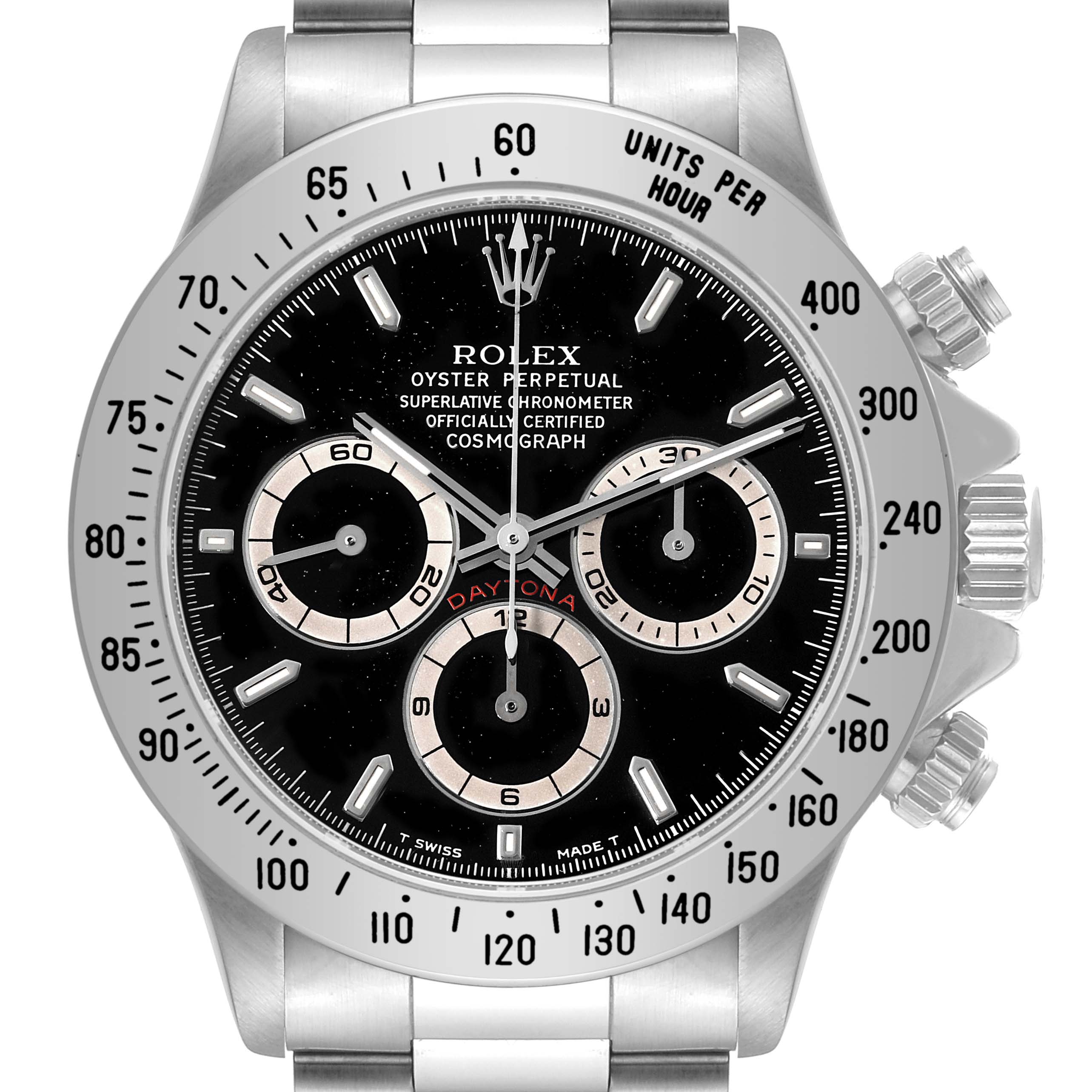 The image shows a front view of the Rolex Daytona 16520 Men's Stainless Steel Black Dial 16520 Men's Stainless Steel Black Dial watch, highlighting the dial, bezel, and chronograph subdials.